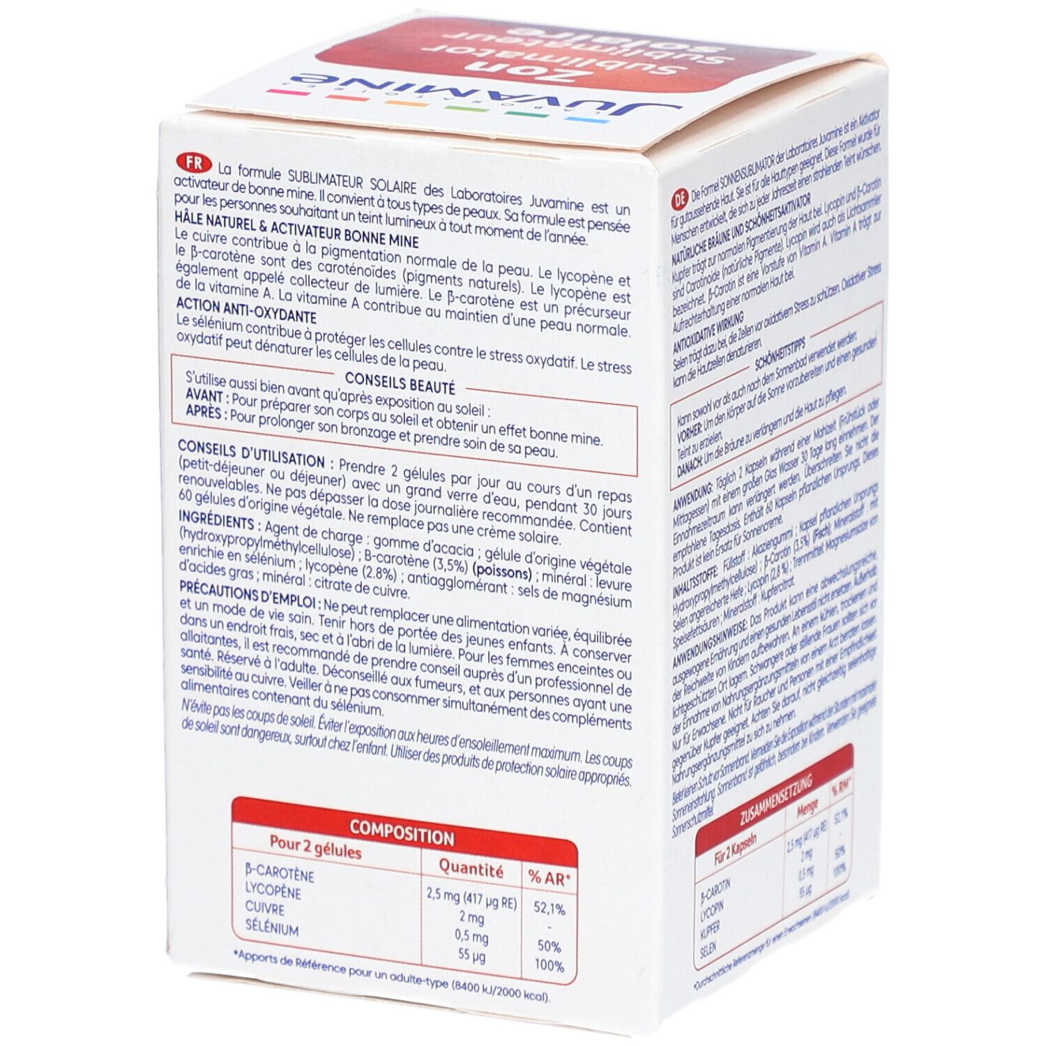 Doosje Juvamine Zon Sublimator Solaire met tekst. 8 Actieve Bestanddelen. 60 capsules. Tekst in het Nederlands.