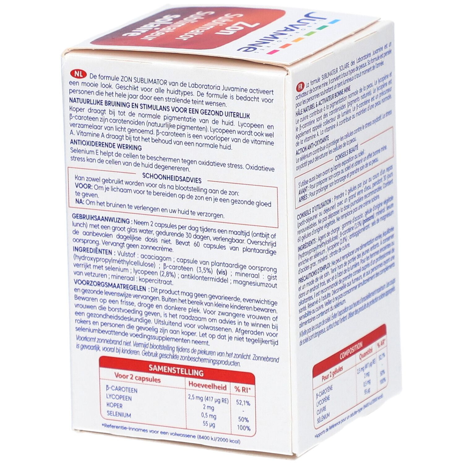 Doosje Juvamine Zon Sublimator Solaire met tekst. 8 Actieve Bestanddelen. 60 capsules. Tekst in het Nederlands.