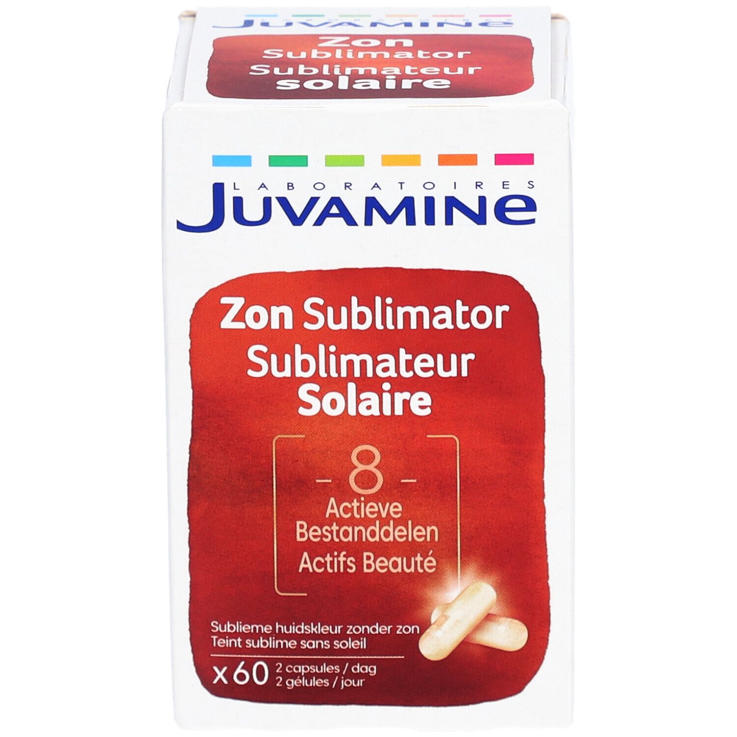 Doosje Juvamine Zon Sublimator Solaire met 60 capsules. 8 Actieve Bestanddelen. Capsules en tekst zichtbaar.