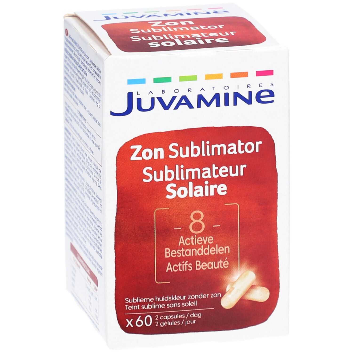 Doosje Juvamine Zon Sublimator Solaire met 60 capsules. 8 Actieve Bestanddelen. Capsules en tekst zichtbaar.