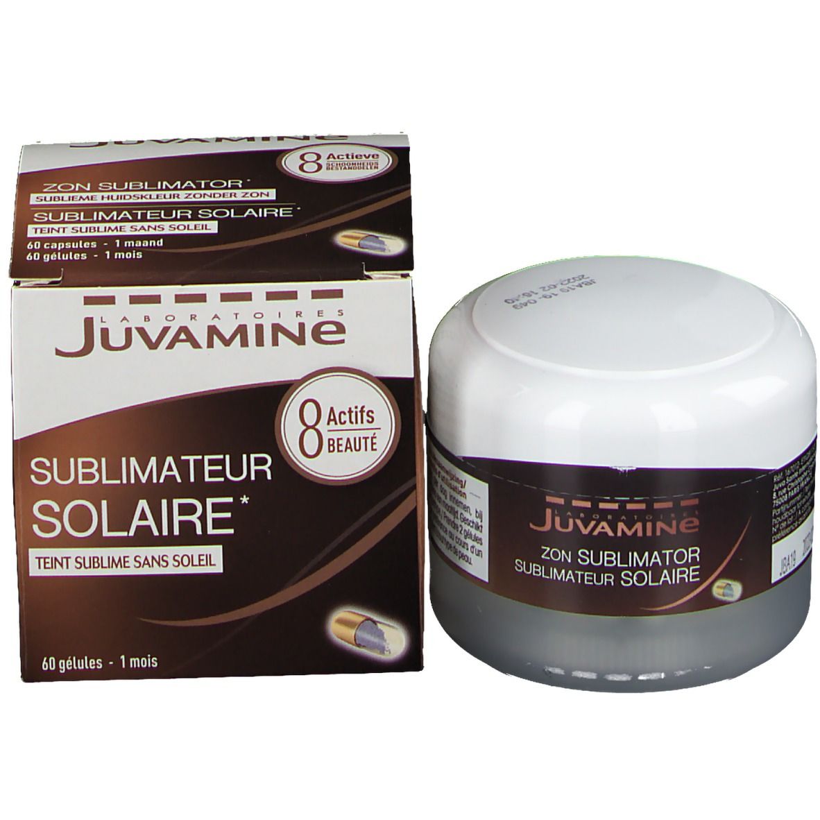 Verpakking met pot en doosje. Juvamine Sublimateur Solaire. 8 Actifs Beauté. 60 capsules.