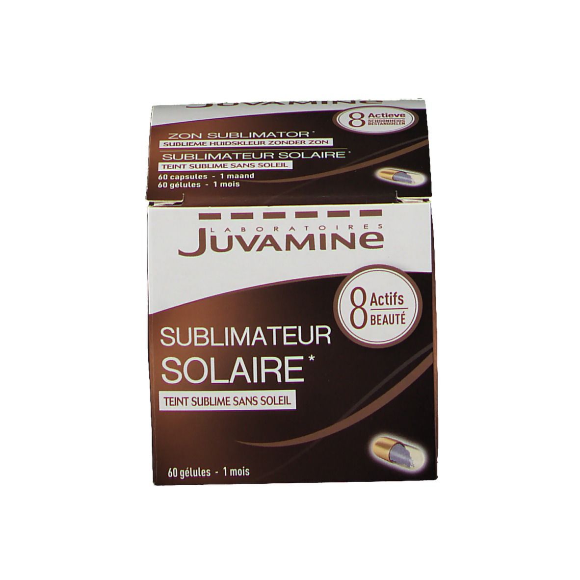 Doosje Juvamine Sublimateur Solaire. 8 Actifs Beauté. 60 capsules. Tekst zichtbaar.