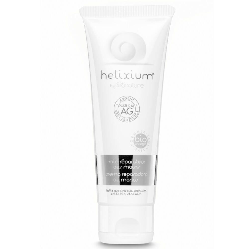 Witte tube helixium® Hand Repair Creme. Zilverkleurige tekst, logo en bio-keurmerk. Tekst: soin réparateur des mains.