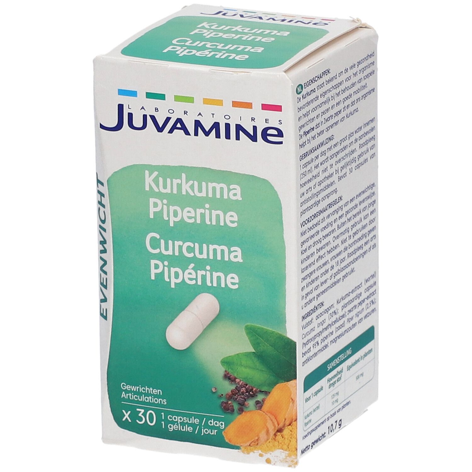 Boîte Juvamine avec capsule. Inscription : Curcuma Pipérine. 30 gélules. Emballage vert et blanc. Contient curcuma et poivre.