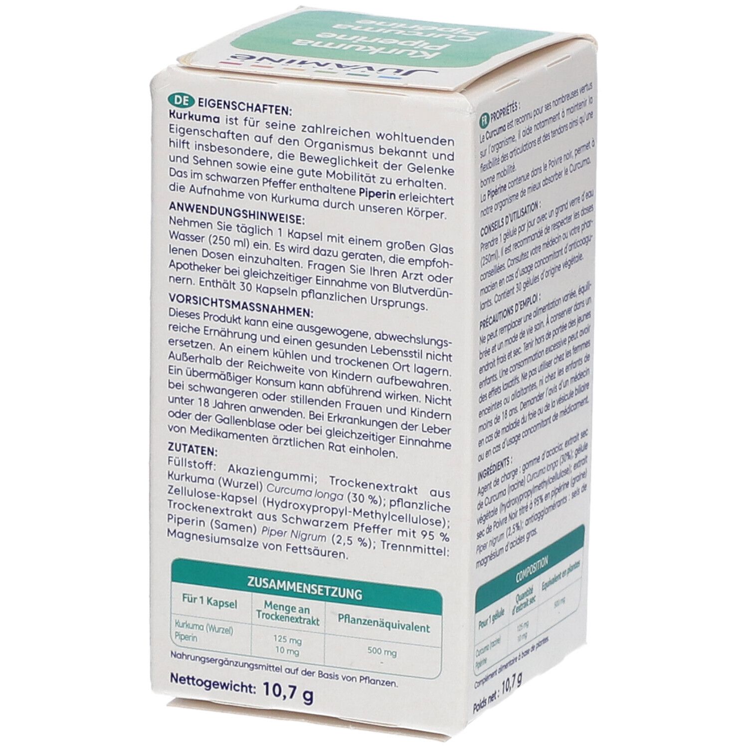 Dos de l'emballage Juvamine. Texte avec ingrédients et conseils d'utilisation. Contient curcuma et poivre. 30 gélules.