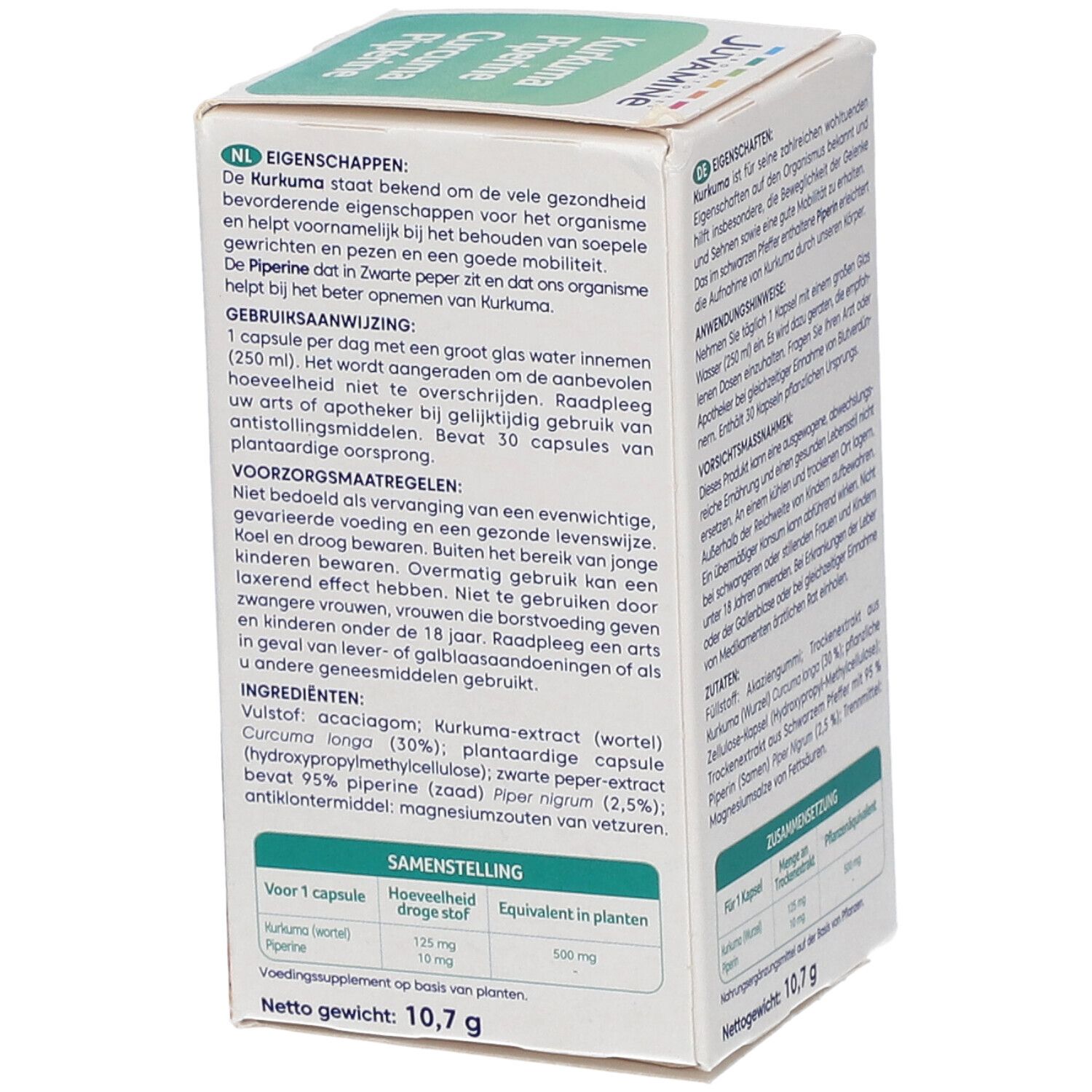 Dos de l'emballage Juvamine. Texte avec ingrédients et conseils d'utilisation. Contient curcuma et poivre. 30 gélules.