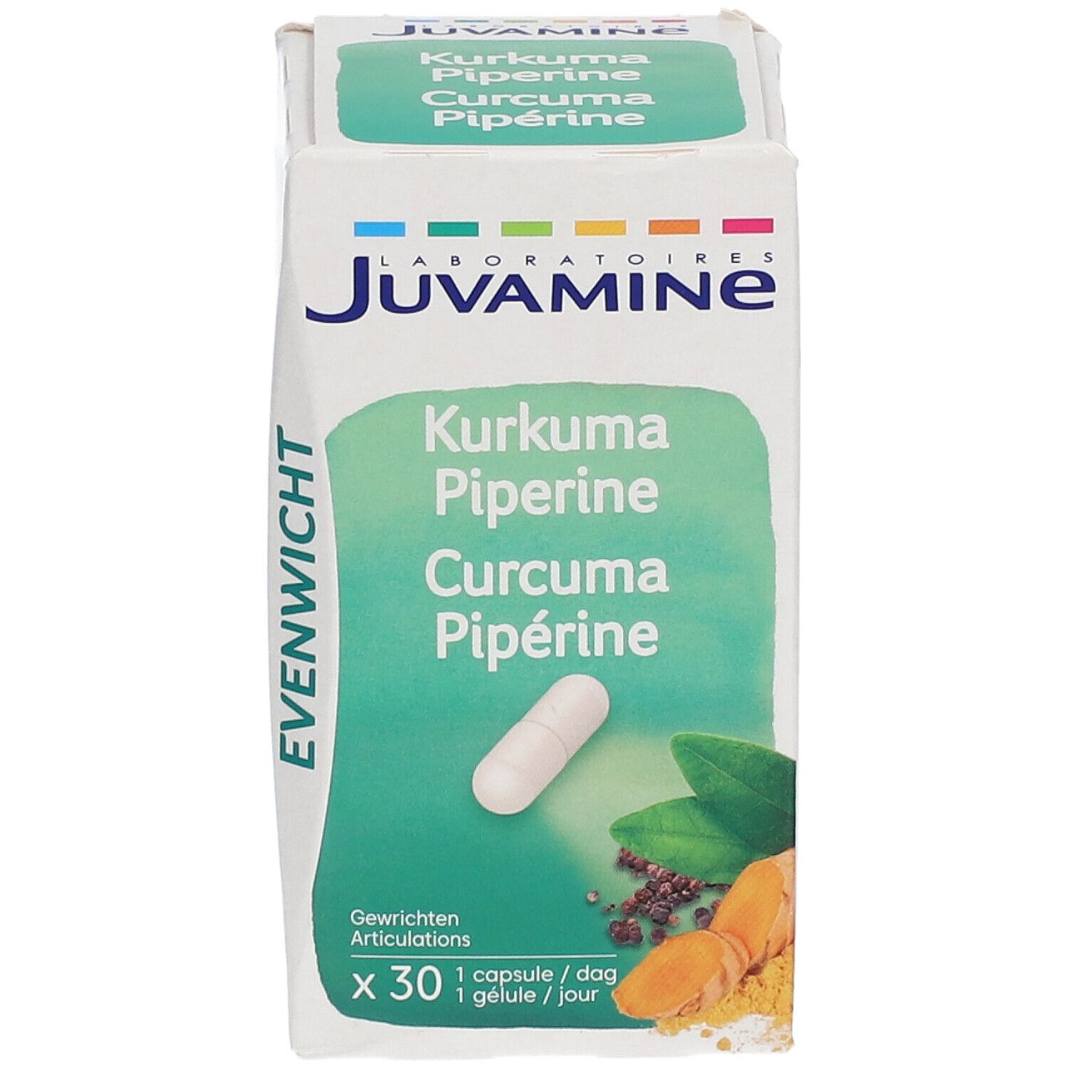 Emballage Juvamine avec capsule. Inscription : Curcuma Pipérine. 30 gélules. Emballage vert et blanc. Contient curcuma et poivre.