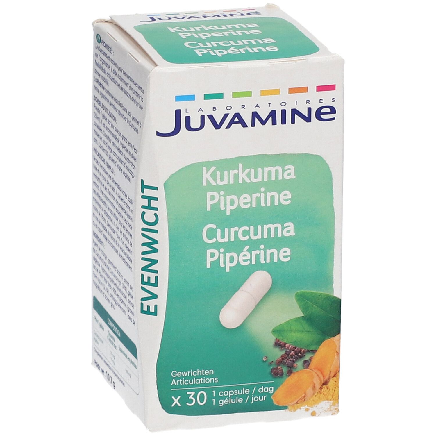 Emballage Juvamine avec capsule. Inscription : Curcuma Pipérine. 30 gélules. Emballage vert et blanc. Contient curcuma et poivre.