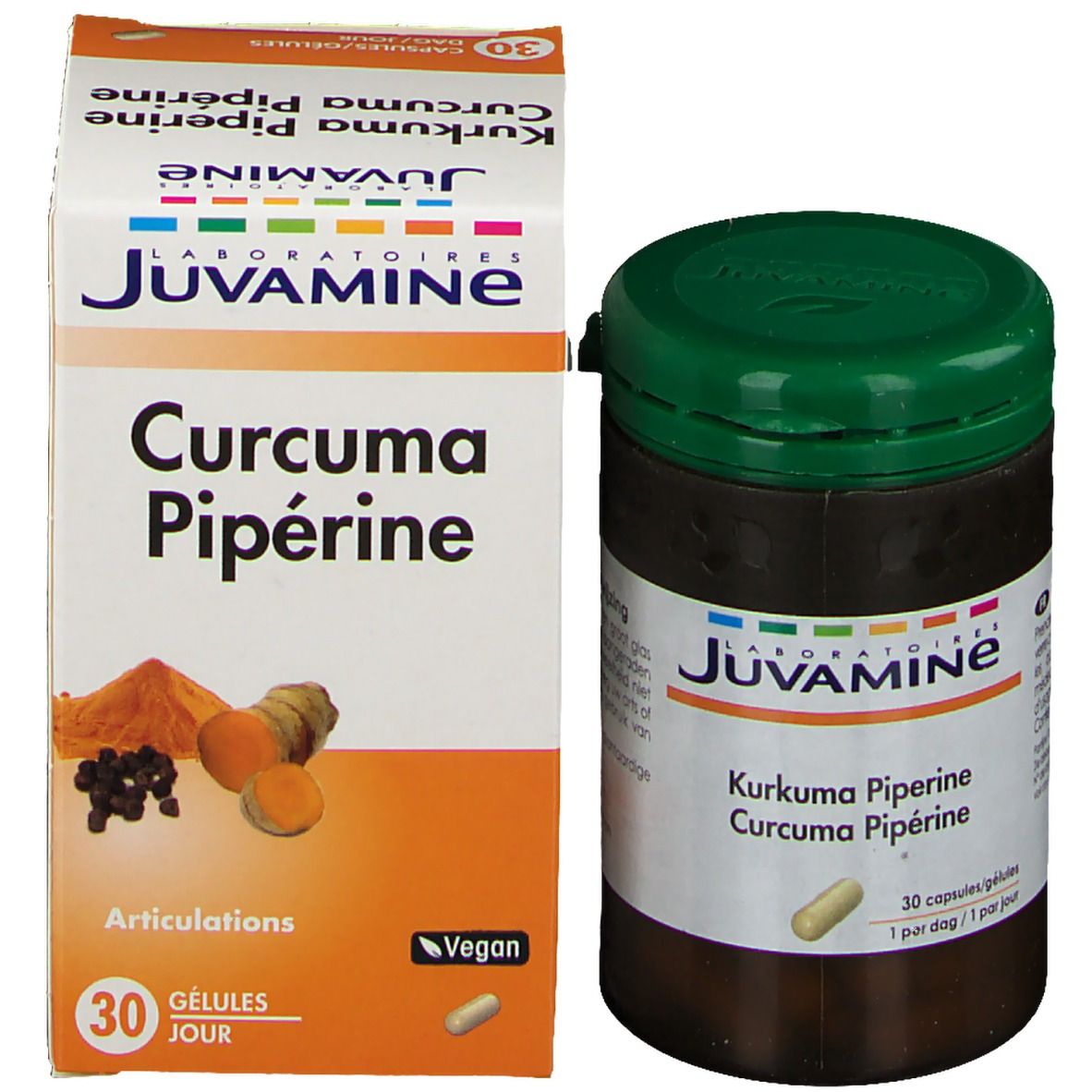 Emballage et flacon Juvamine. Inscription : Curcuma Pipérine. 30 gélules. Contient curcuma et poivre. Vegan.
