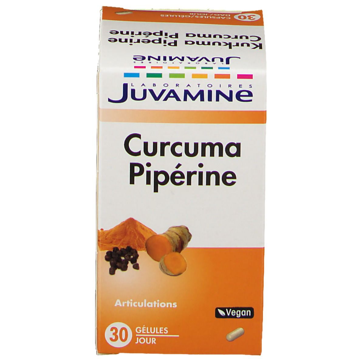 Emballage Juvamine. Inscription : Curcuma Pipérine. 30 gélules. Contient curcuma et poivre. Vegan.
