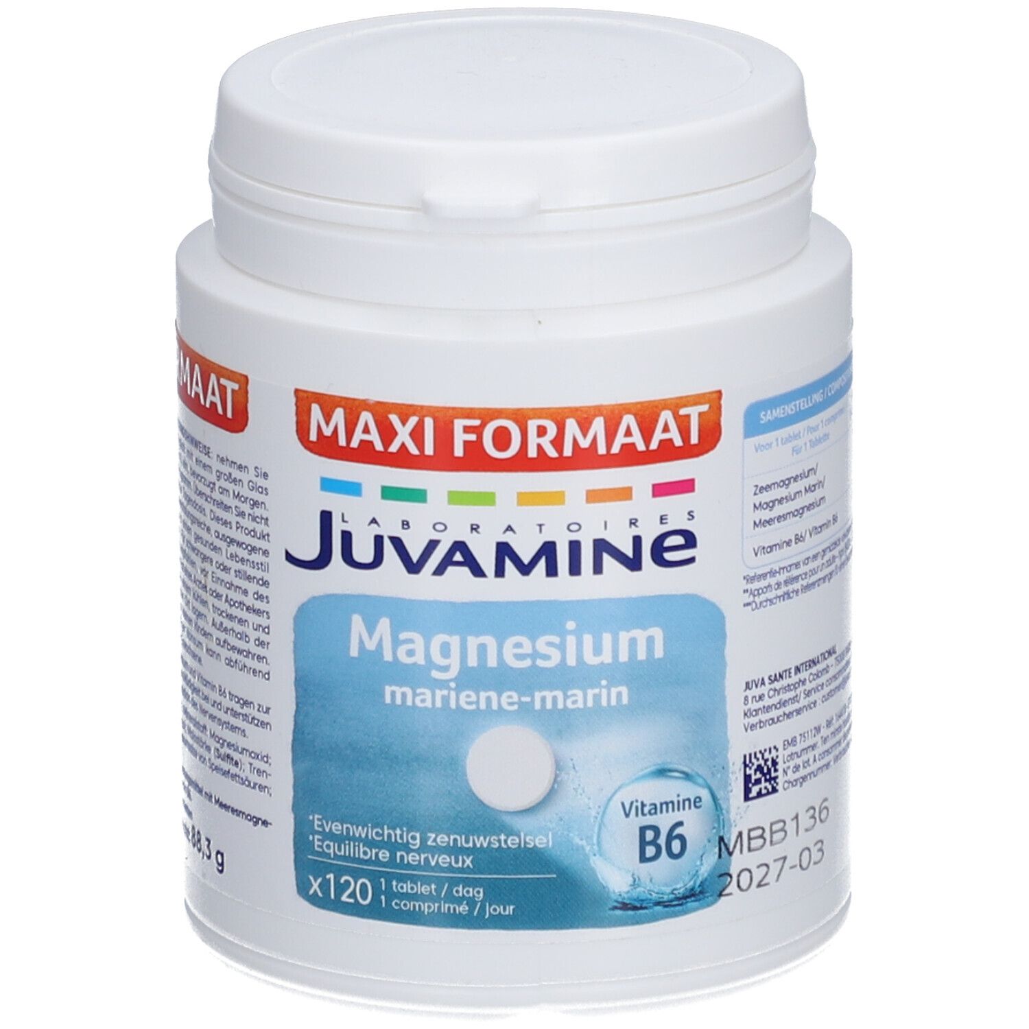 Flacon blanc Juvamine Magnesium + Vitamine B6. Inscription Maxi Formaat, 120 comprimés. Inscriptions bleues et blanches.