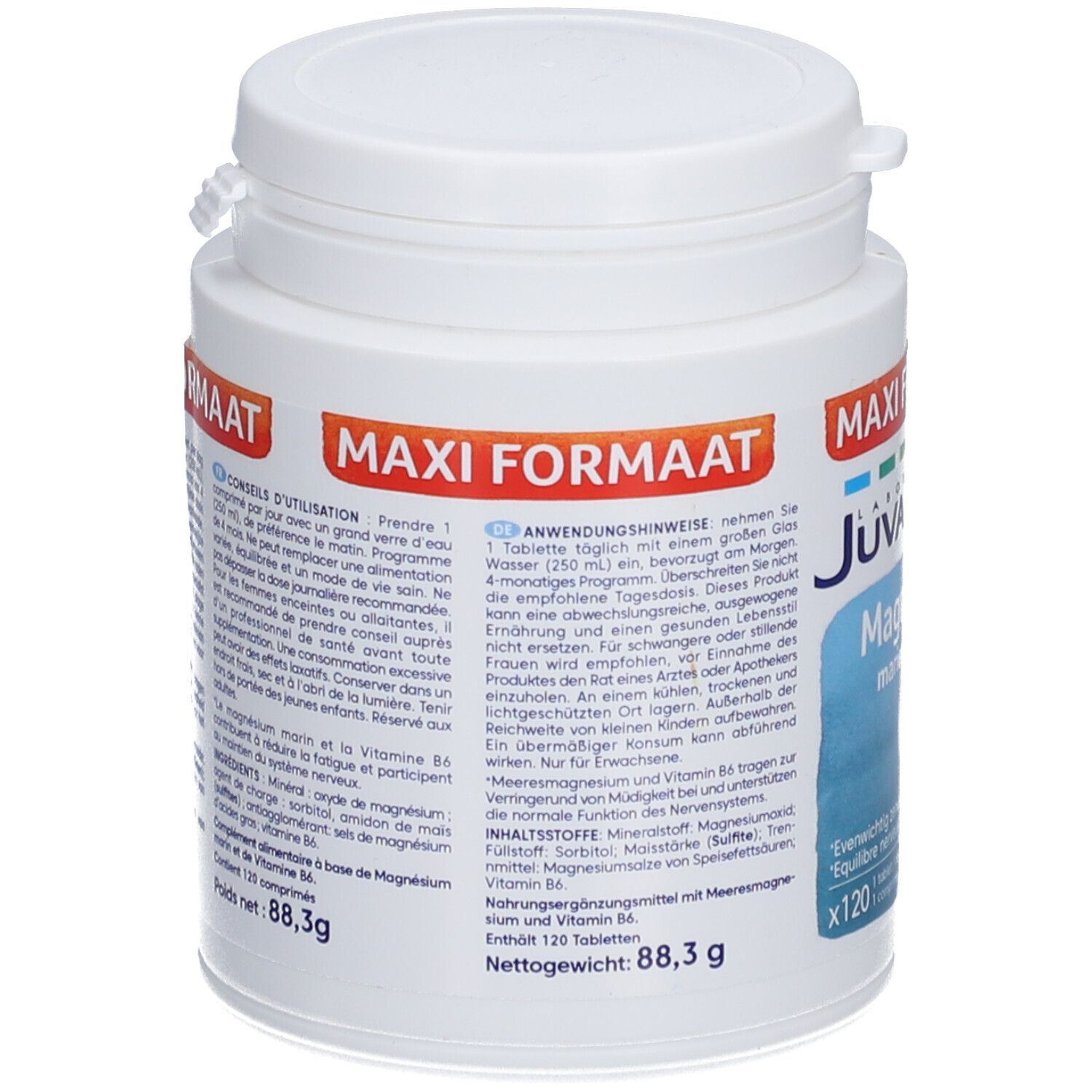 Flacon blanc Juvamine Magnesium + Vitamine B6. Inscription Maxi Formaat, 120 comprimés. Texte en allemand, français, néerlandais.