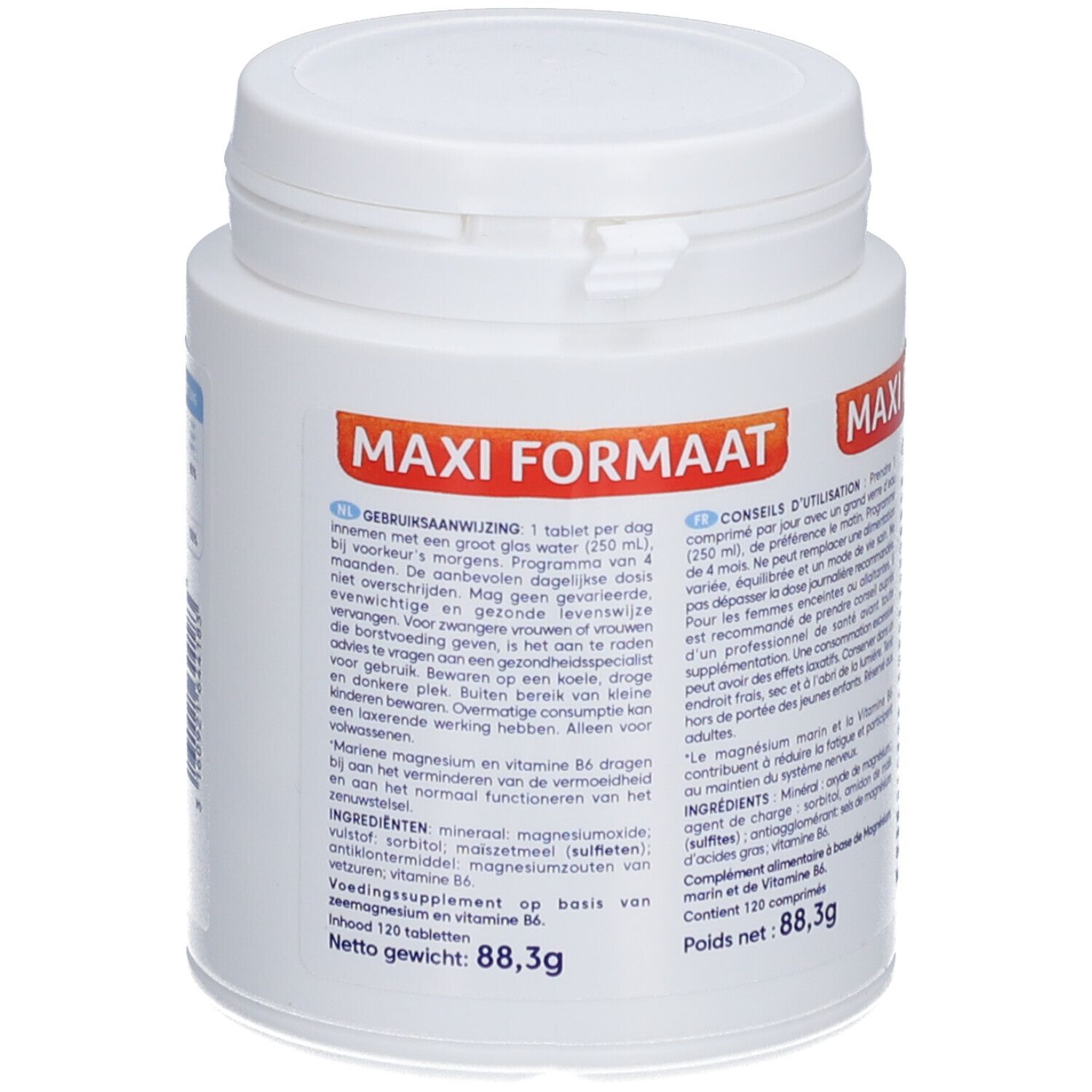 Flacon blanc Juvamine Magnesium + Vitamine B6. Inscription Maxi Formaat, 120 comprimés. Texte en allemand, français, néerlandais.