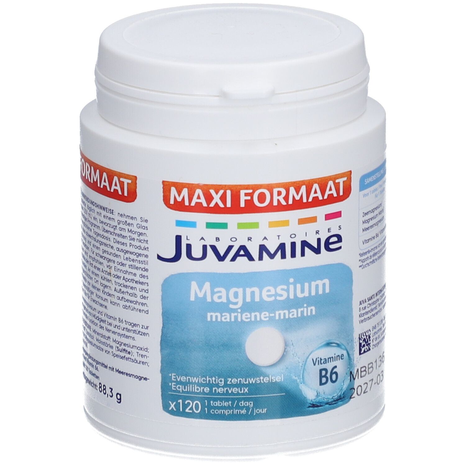Flacon blanc Juvamine Magnesium + Vitamine B6. Inscription Maxi Formaat, 120 comprimés. Inscriptions bleues et blanches.