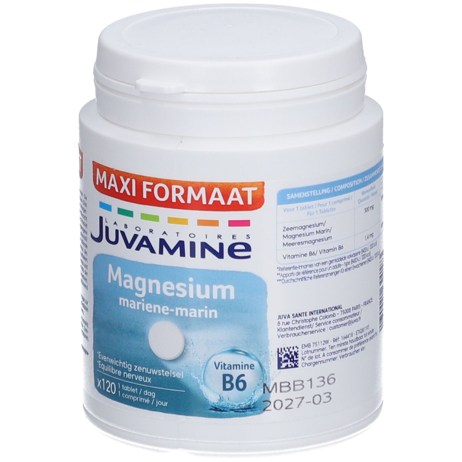 Flacon blanc Juvamine Magnesium + Vitamine B6. Inscription Maxi Formaat, 120 comprimés. Inscriptions bleues et blanches.