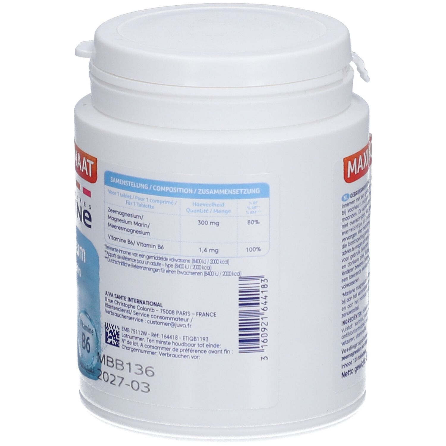 Flacon blanc Juvamine Magnesium + Vitamine B6. Inscription Maxi Formaat, 120 comprimés. Inscriptions bleues et blanches.