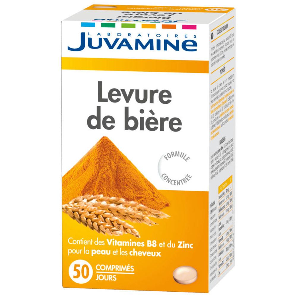 Boîte de Juvamine Levure de bière. Contient 50 comprimés. Inscription : Contient des vitamines B8 et du zinc pour la peau et les cheveux.