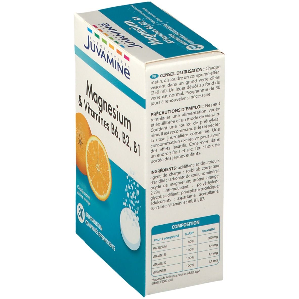 Dos de la boîte Juvamine Magnesium & Vitamines B6, B2, B1. Texte sur ingrédients et utilisation.