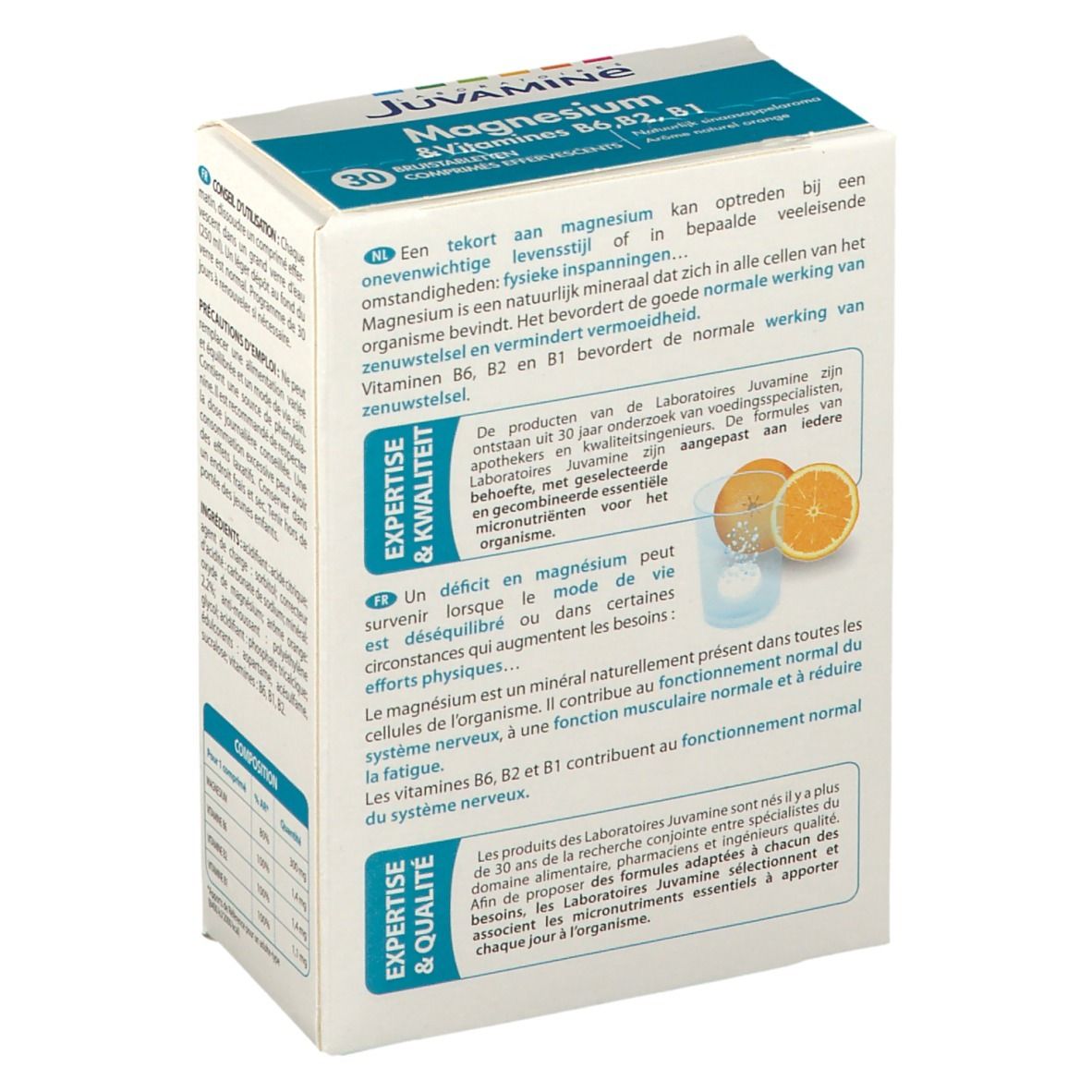 Dos de la boîte Juvamine Magnesium & Vitamines B6, B2, B1. Texte sur les avantages et la qualité.