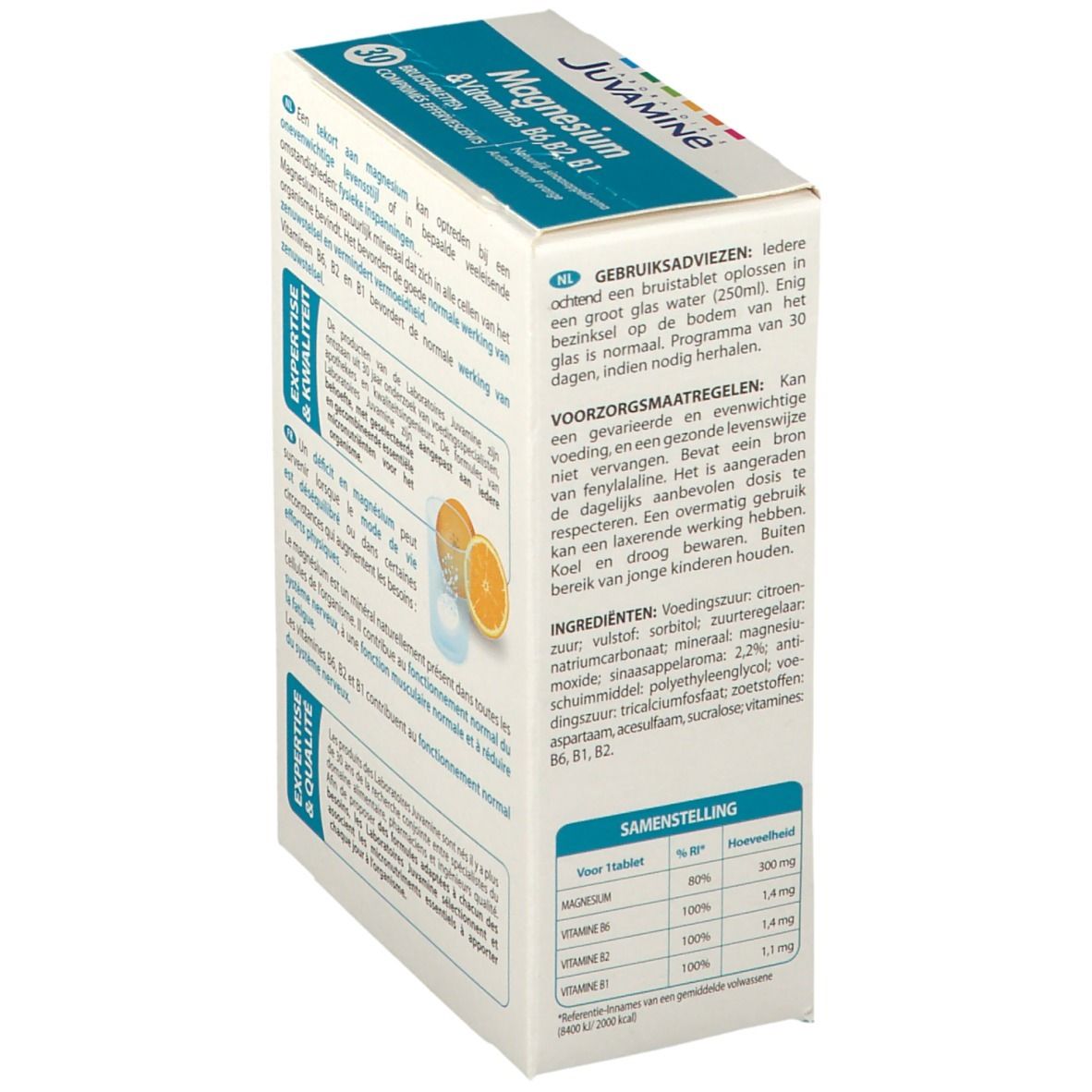 Dos de la boîte Juvamine Magnesium & Vitamines B6, B2, B1. Mode d'emploi et ingrédients.