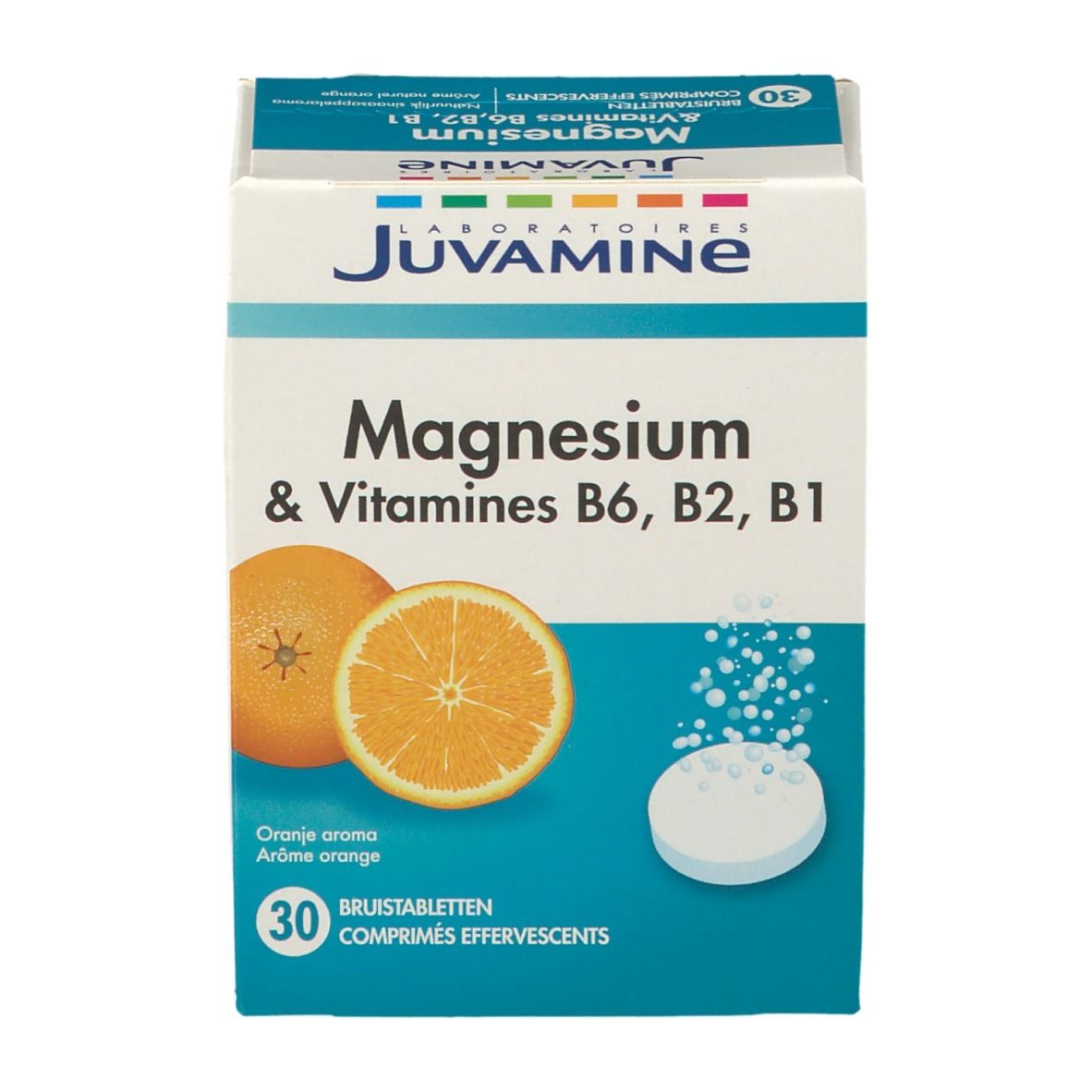 Face avant de la boîte Juvamine Magnesium & Vitamines B6, B2, B1. Oranges et comprimé effervescent.