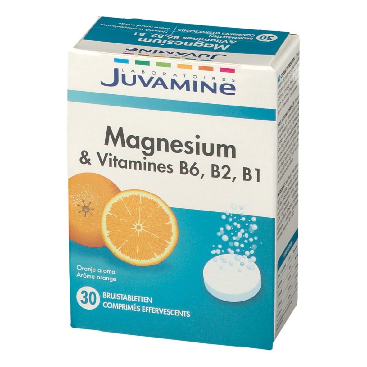 Face avant de la boîte Juvamine Magnesium & Vitamines B6, B2, B1. Oranges et comprimé effervescent.