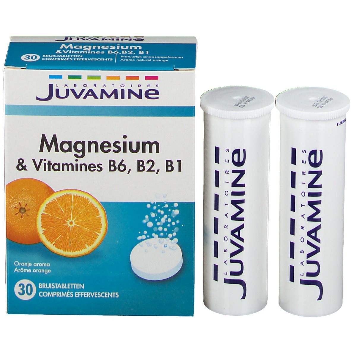 Boîte Juvamine Magnesium & Vitamines B6, B2, B1 et deux tubes de comprimés. Oranges et comprimé.