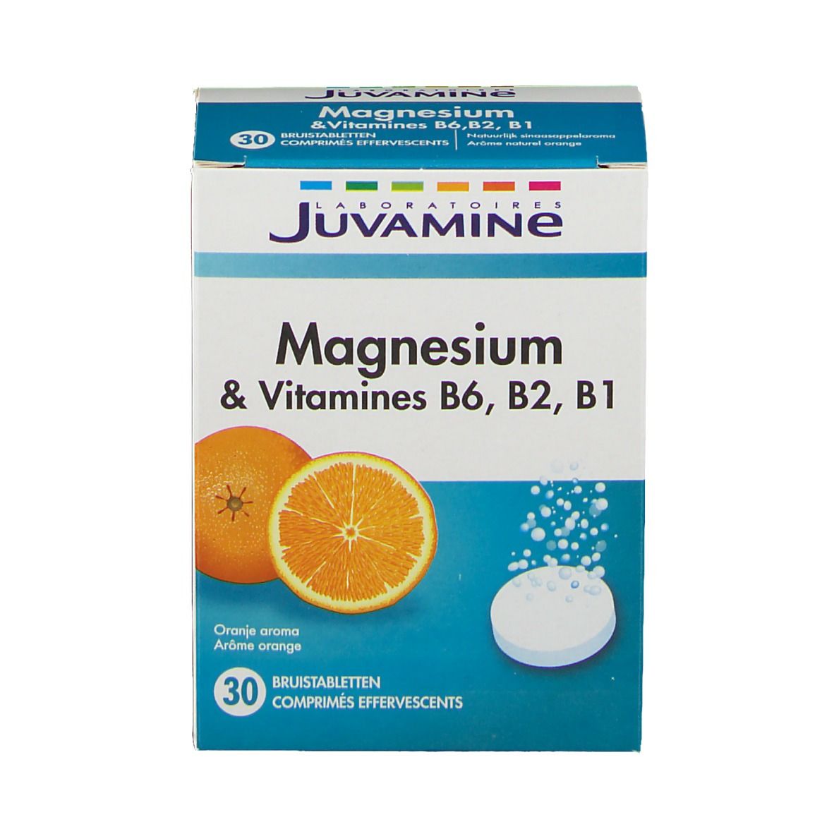 Face avant de la boîte Juvamine Magnesium & Vitamines B6, B2, B1. Oranges et comprimé effervescent.