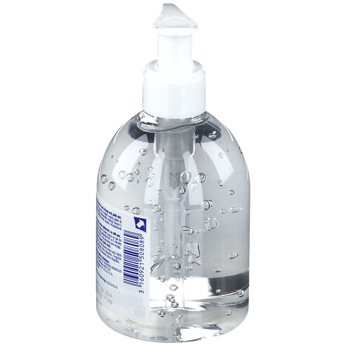 Flacon transparent avec pompe blanche. Code-barres et texte au dos. Contient un liquide clair.