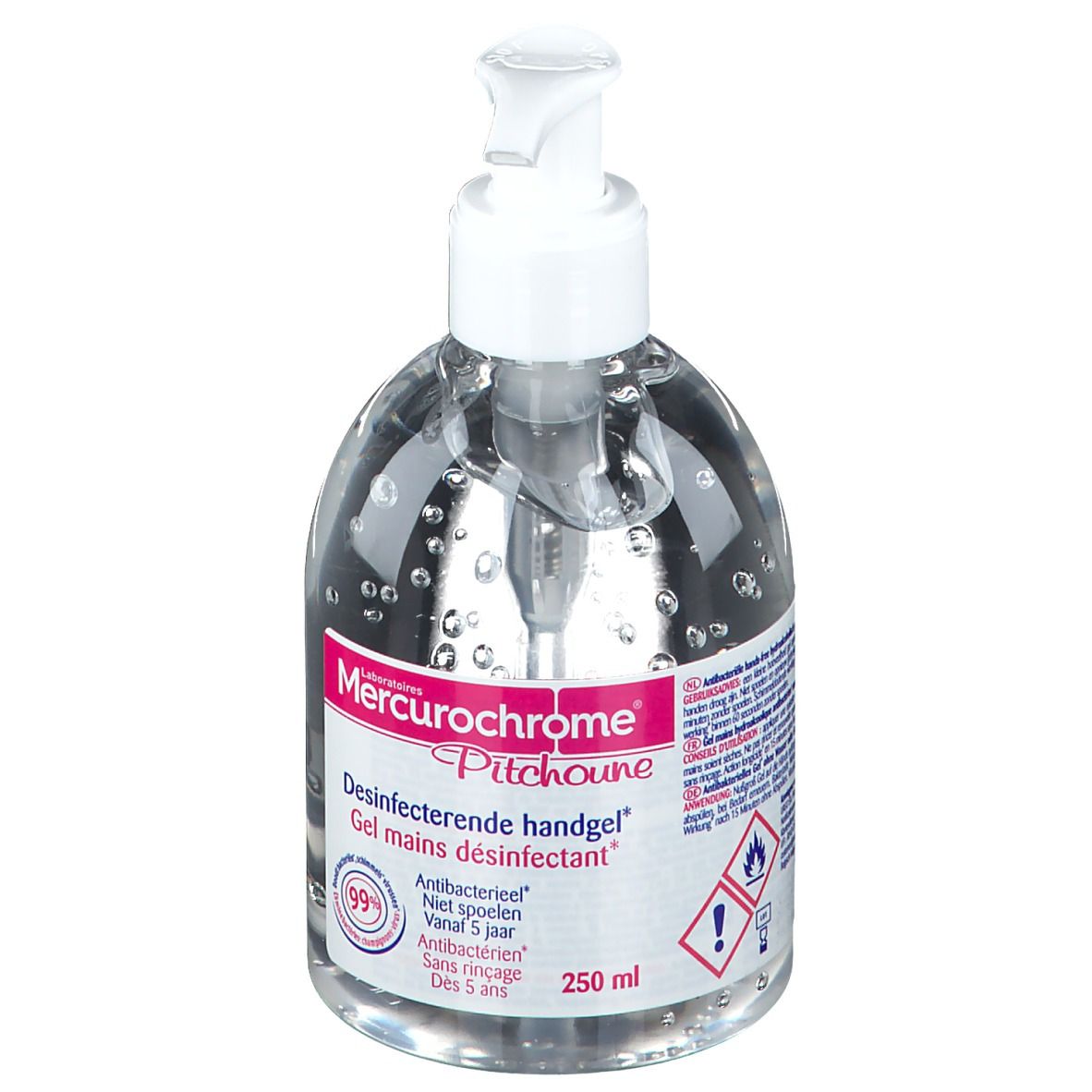 Flacon transparent avec pompe blanche. Inscription: Mercurochrome Pitchoune, Gel mains désinfectant, 250 ml. Contient 99% d'antibactérien.