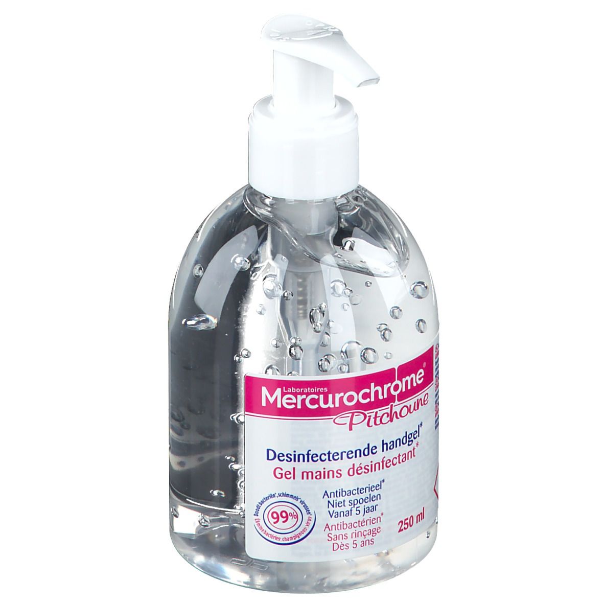 Flacon transparent avec pompe blanche. Inscription: Mercurochrome Pitchoune, Gel mains désinfectant, 250 ml. Contient 99% d'antibactérien.