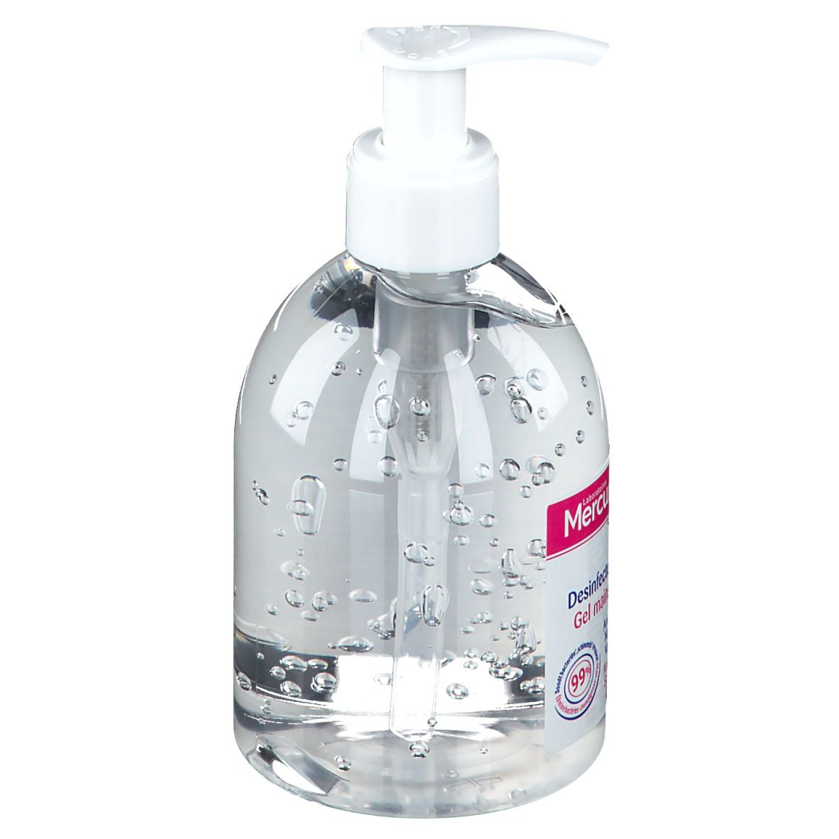 Flacon transparent avec pompe blanche. Inscription: Mercurochrome, Gel désinfectant. Contient un liquide clair.