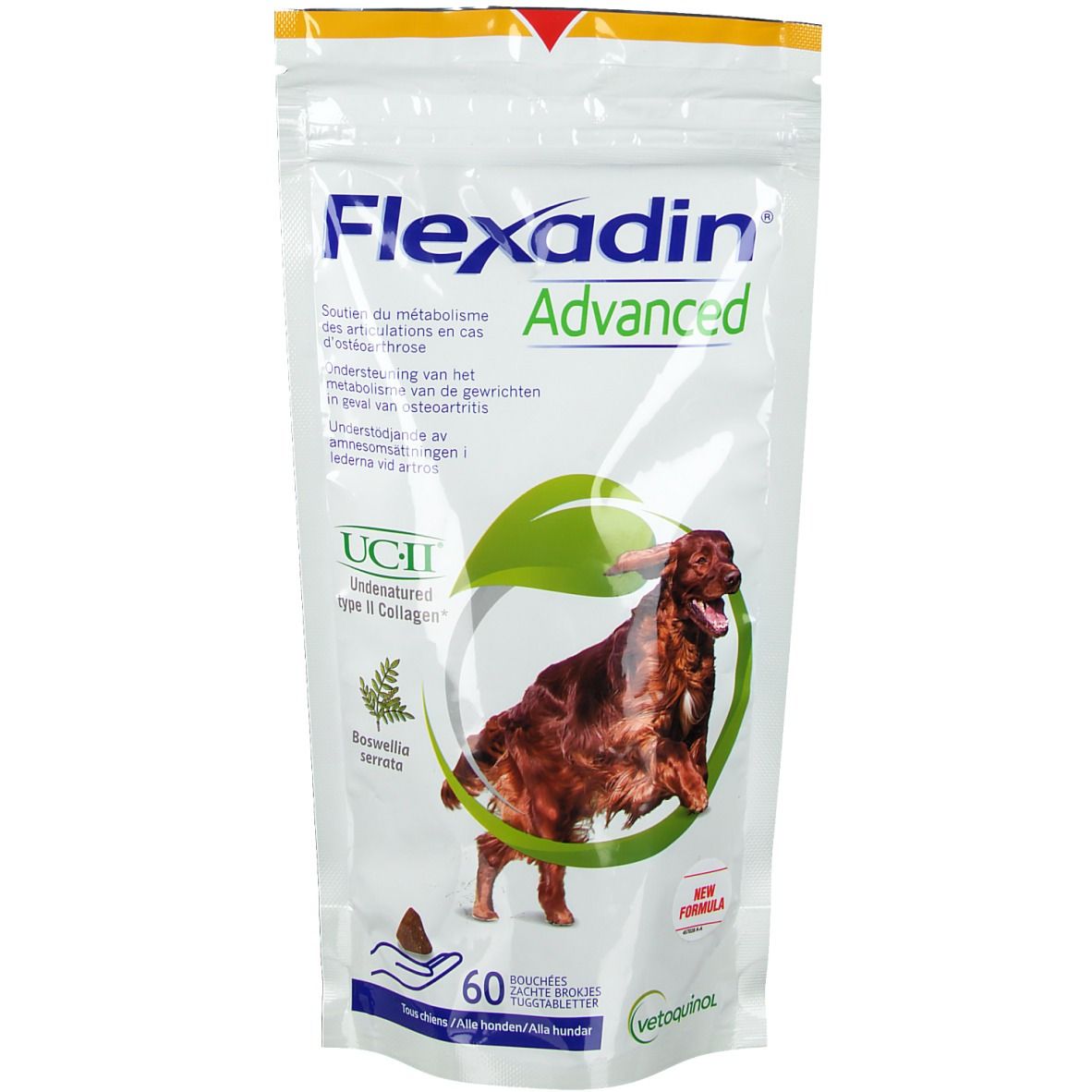 Flexadin Advanced zak. Bevat 60 tabletten. Bedrukt met productnaam, hond en ingrediënten.