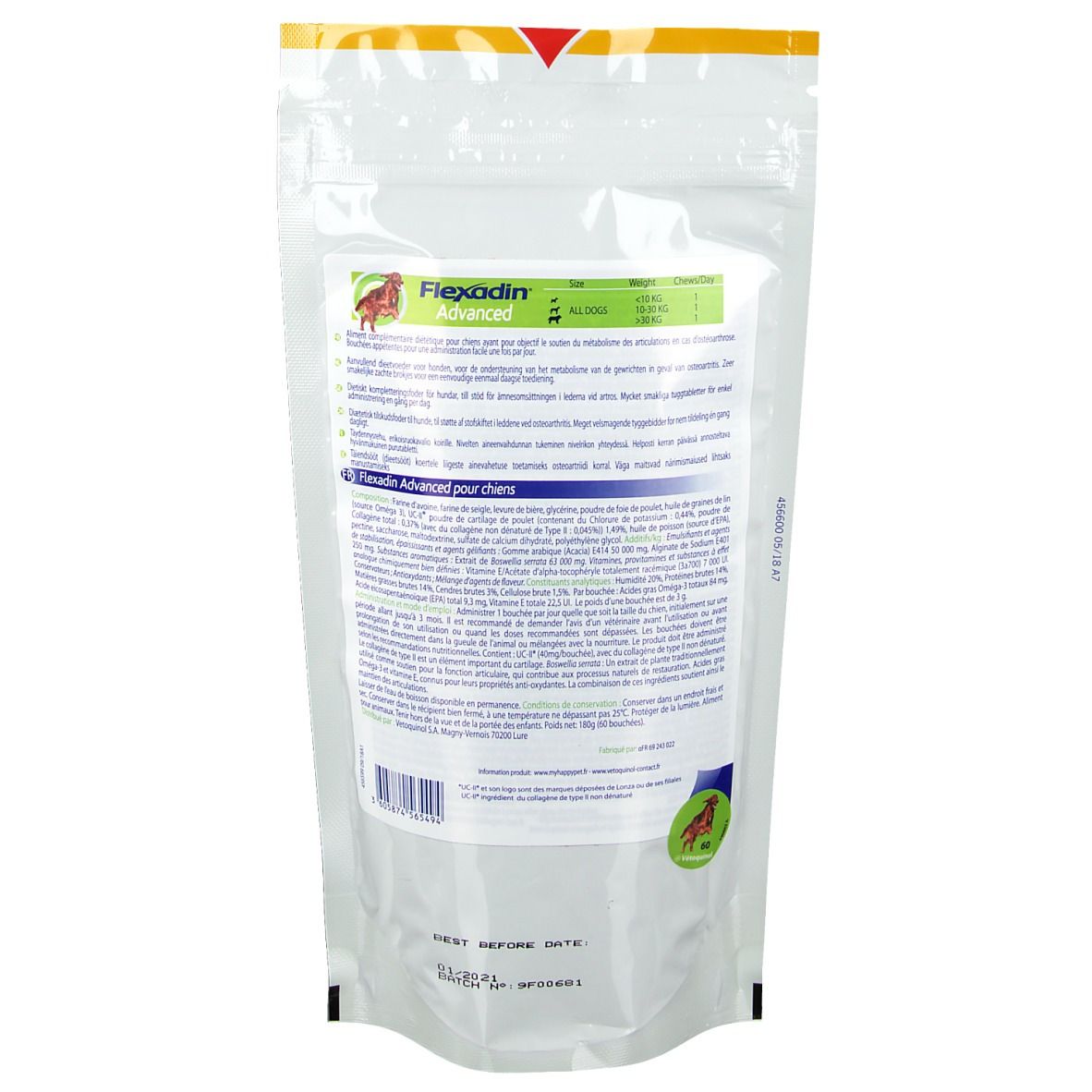 Achterkant van de Flexadin Advanced zak. Bevat informatie over ingrediënten en gebruik.