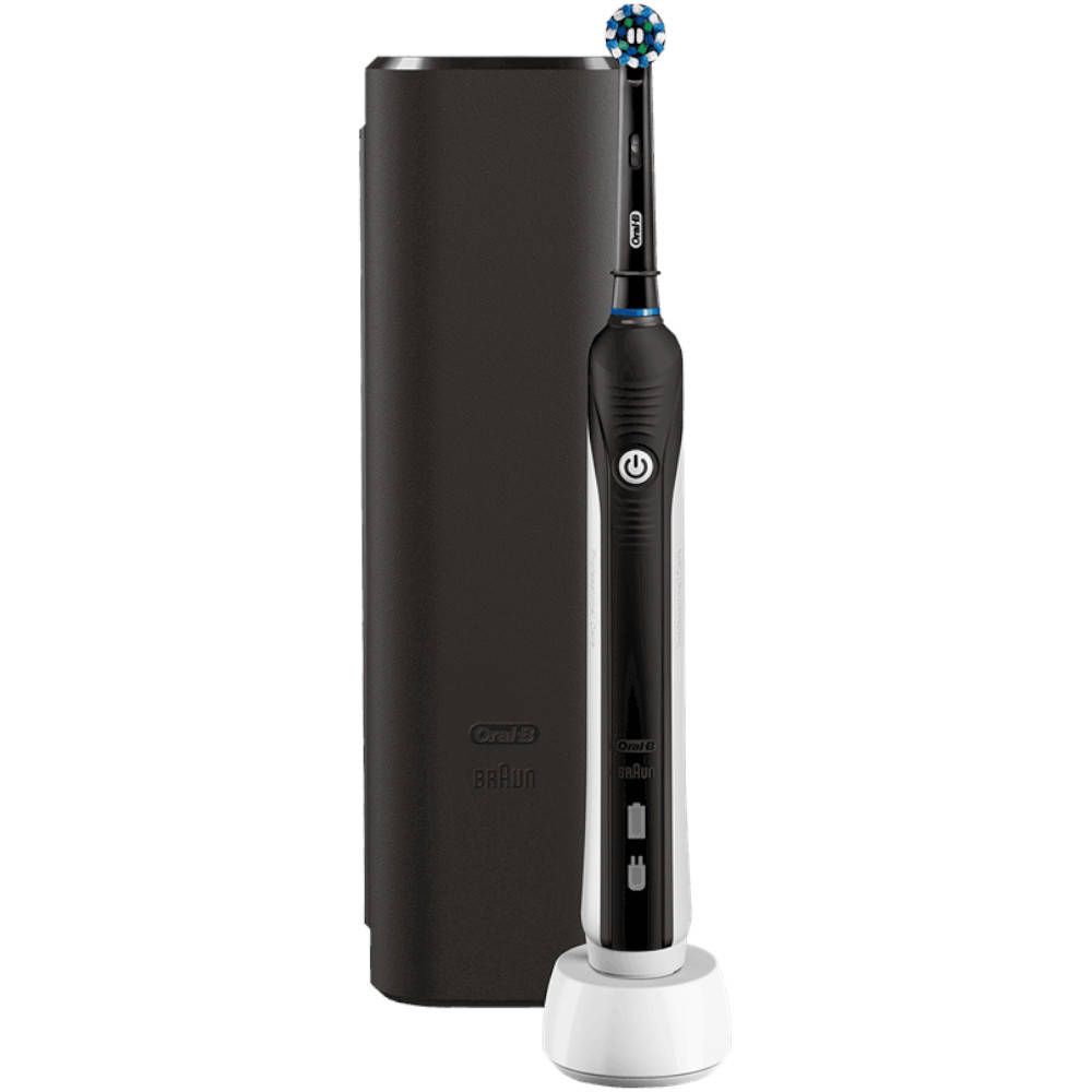 Brosse à dents électrique noire et blanche, avec étui de voyage et socle de chargement. Nom et logo visibles.