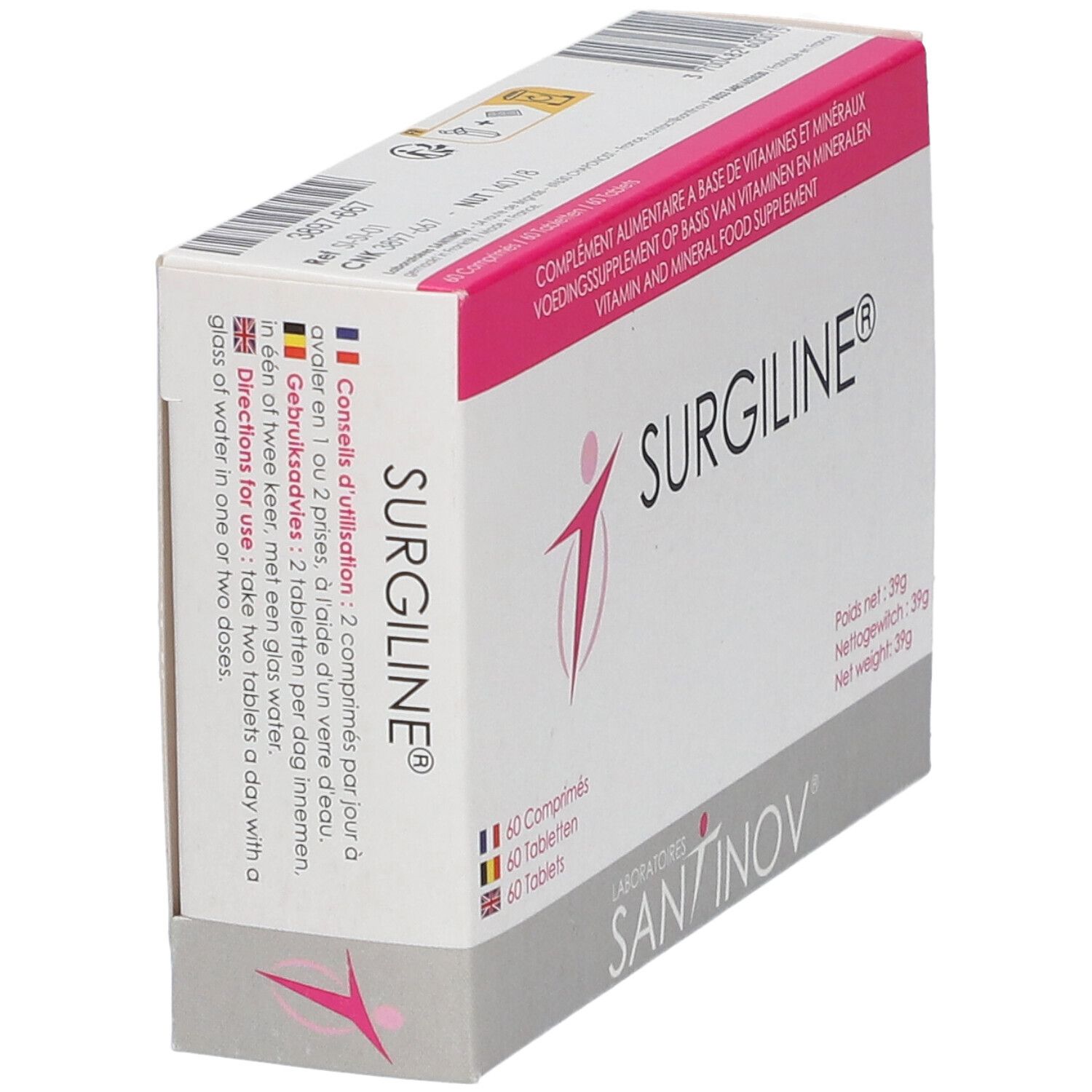 Boîte "Surgiline" en biais. Contient 60 comprimés. Rose et blanc. Logo "SANTINOV". Complément alimentaire.
