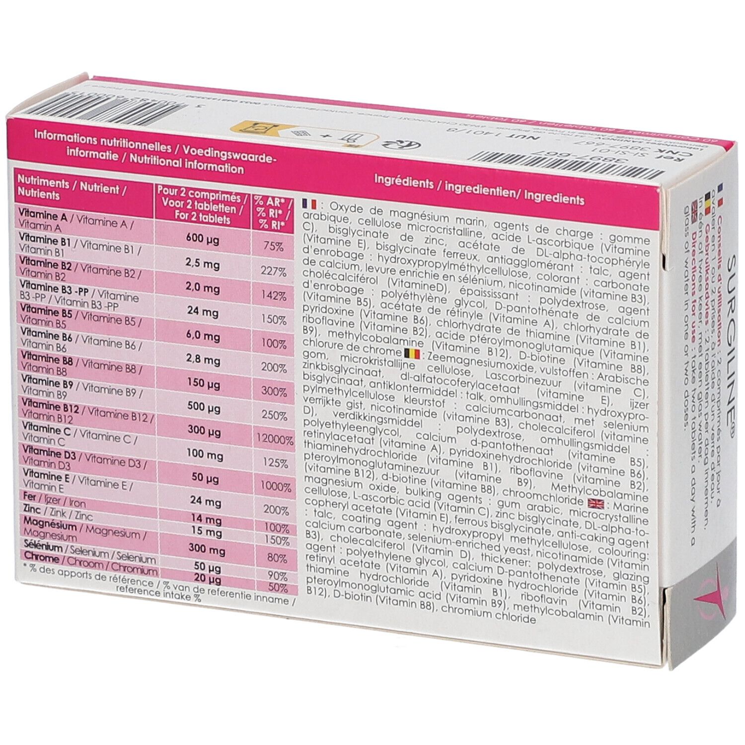 Dos de la boîte "Surgiline". Informations nutritionnelles et ingrédients. Rose et blanc.