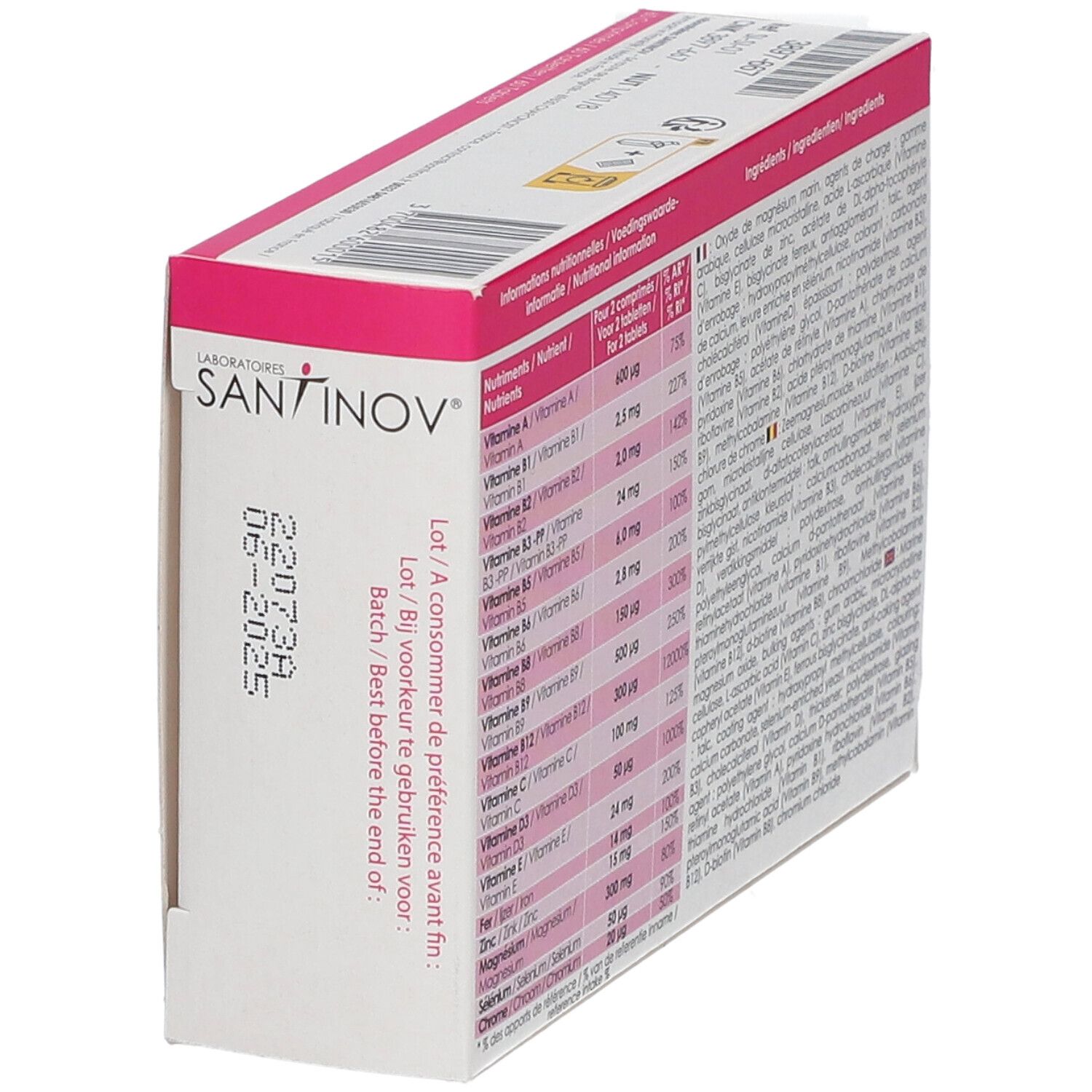 Boîte "Surgiline" en biais. Informations nutritionnelles et ingrédients. Rose et blanc.