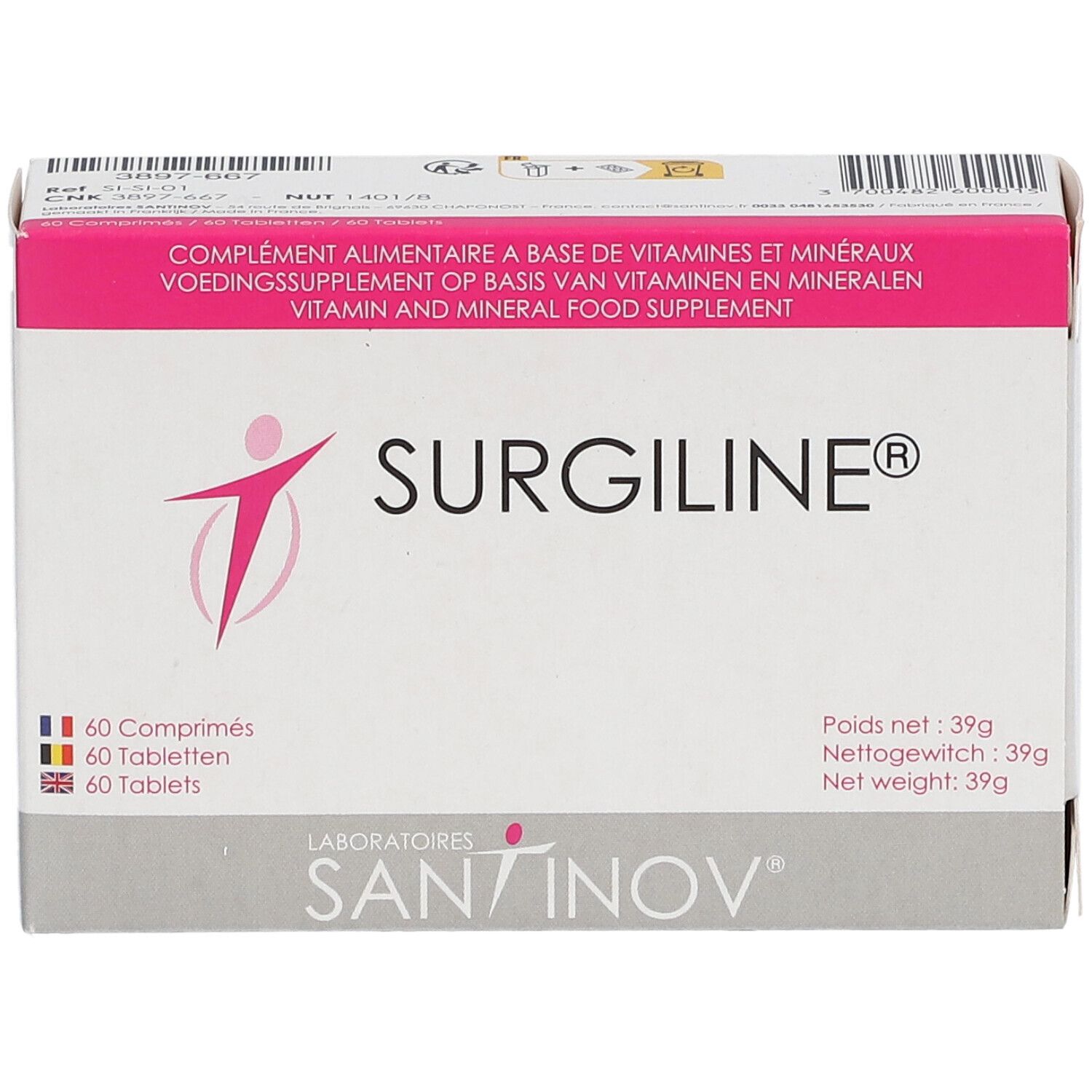 Boîte "Surgiline" avec 60 comprimés. Rose et blanc. Logo "SANTINOV". Complément alimentaire.