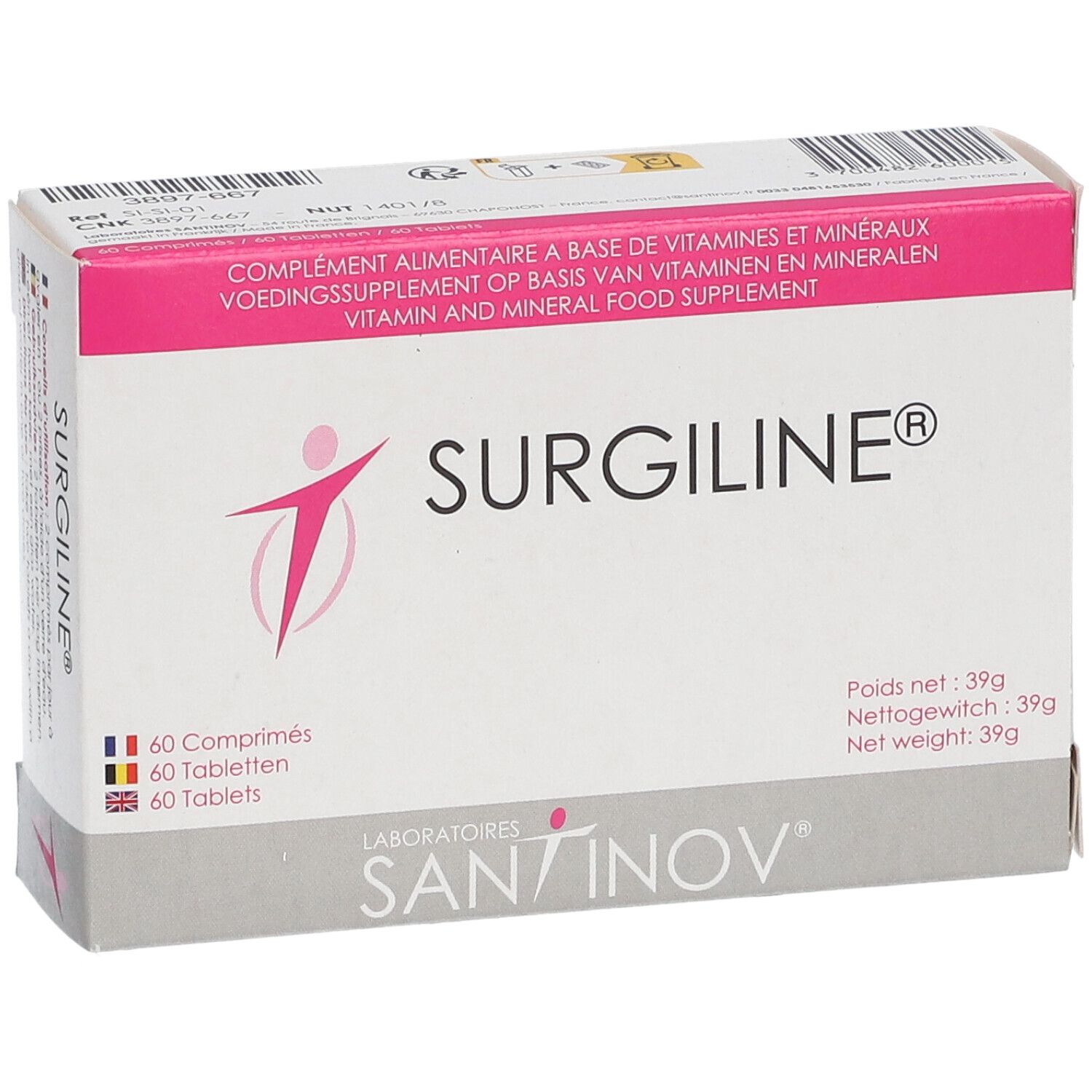 Boîte "Surgiline" avec 60 comprimés. Rose et blanc. Logo "SANTINOV". Complément alimentaire.