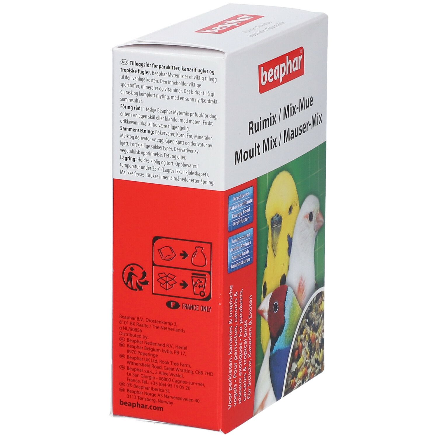 Boîte Beaphar Mauser-Mix. Emballage rouge et blanc avec nom du produit et images d'oiseaux. Texte multilingue.