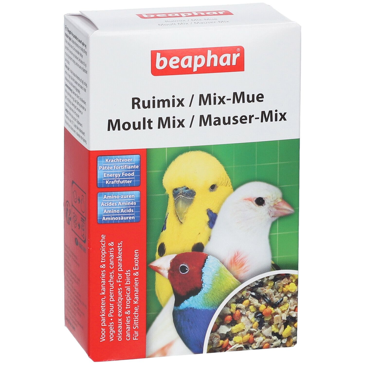 Boîte Beaphar Mauser-Mix. Face avant avec nom du produit et images d'oiseaux. Boîte rouge et blanche.