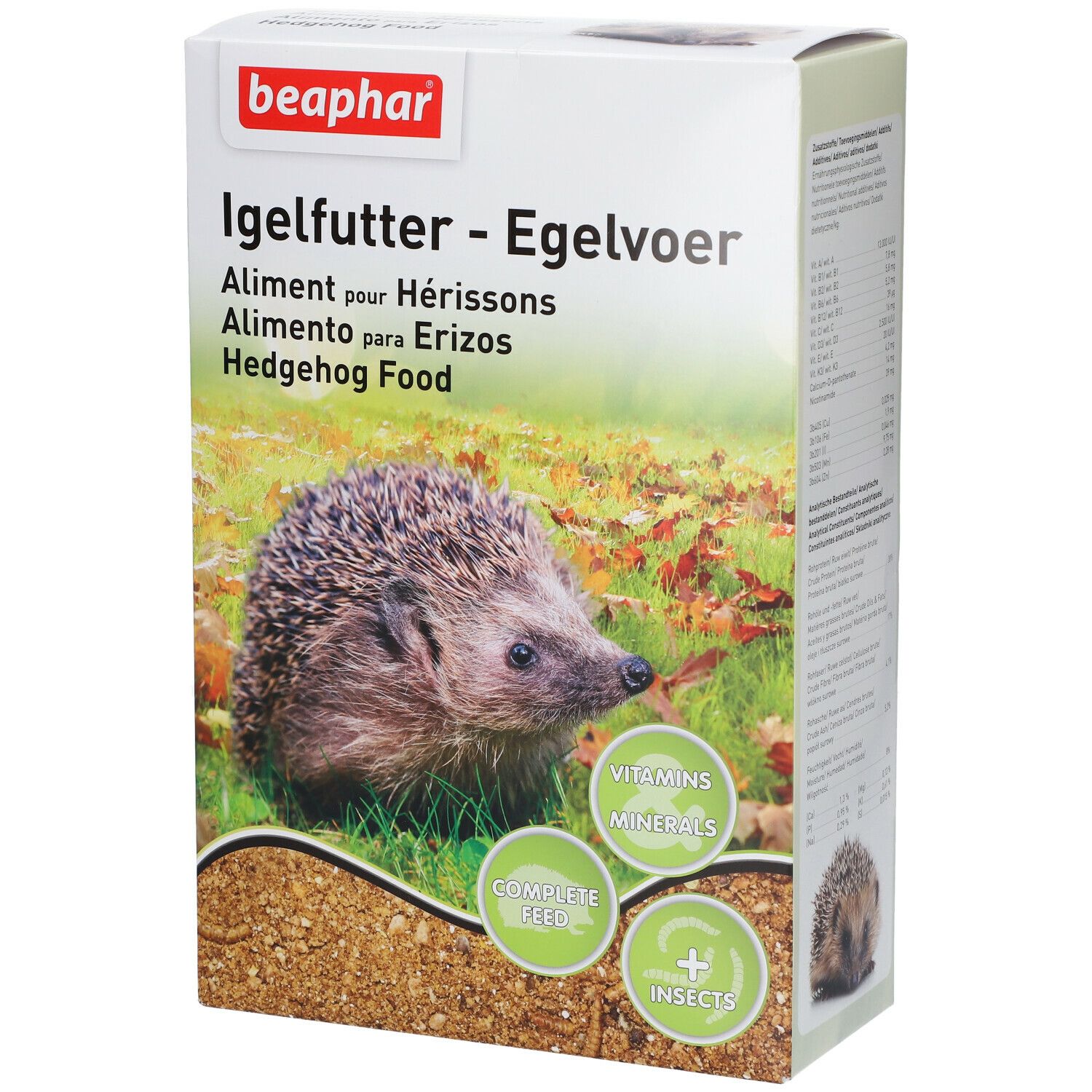 Beaphar Igelvoer doos. Afbeelding van een egel in het gras. Tekst: Vitaminen, mineralen, complete voeding, + insecten.