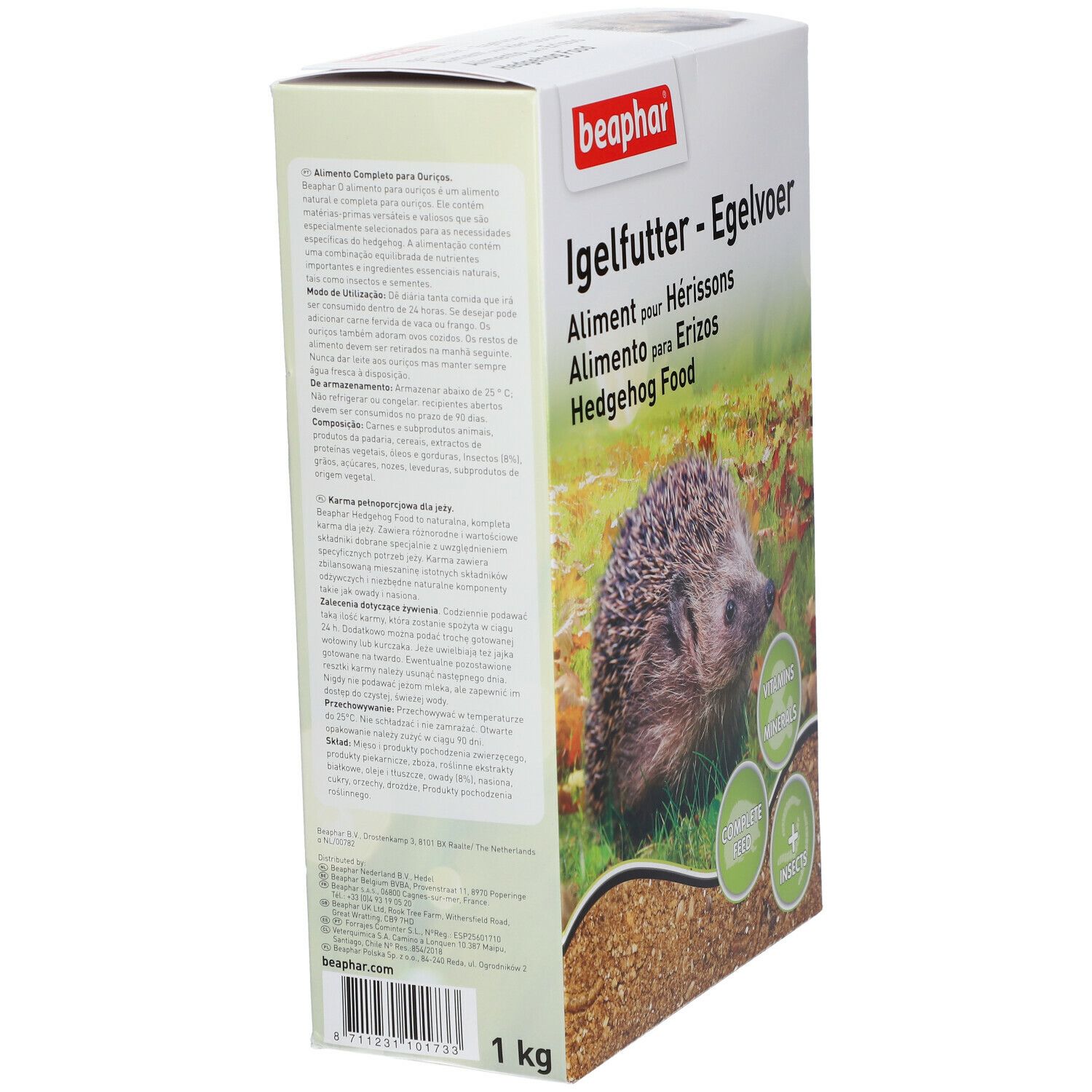 Beaphar Igelvoer doos in perspectief. Tekst: Igelvoer, Alimento para Erizos, Hedgehog Food. 1 kg.