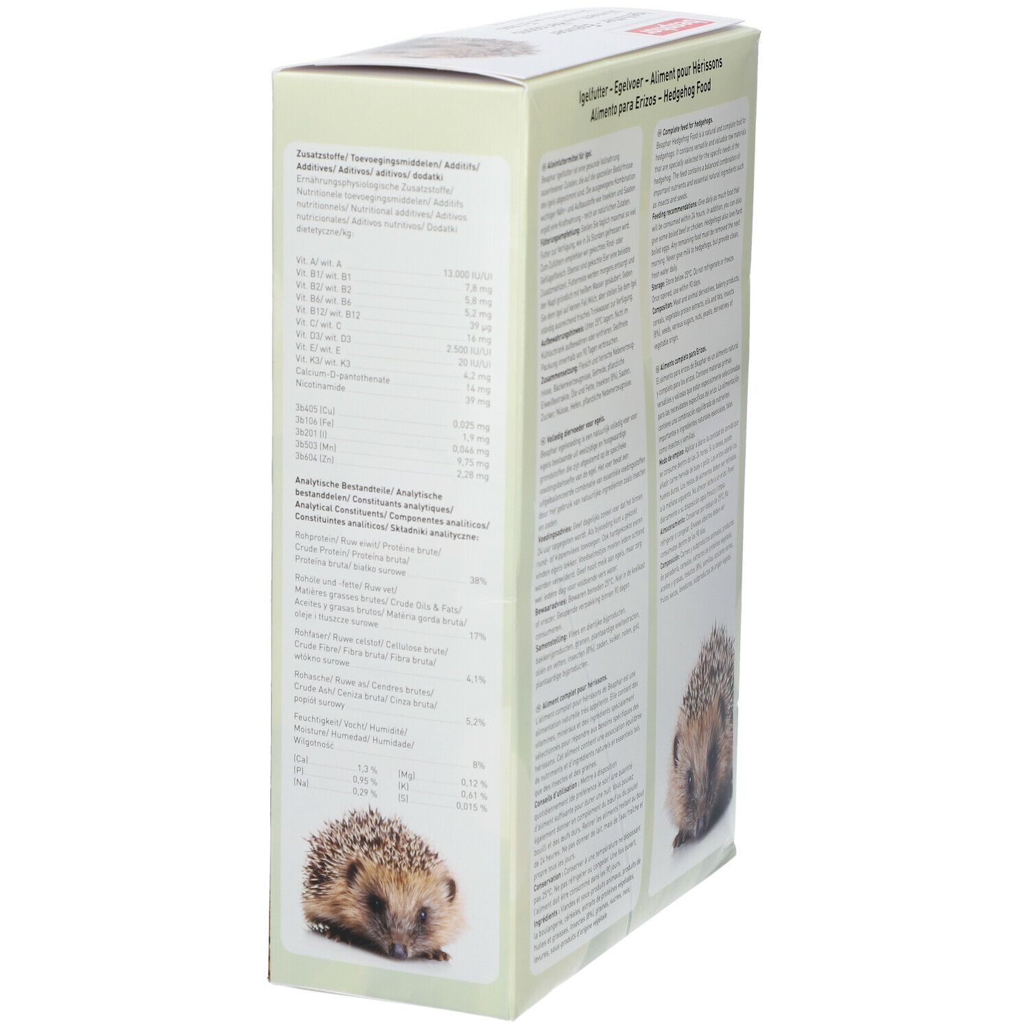 Beaphar Igelvoer doos, detail van de ingrediënten. Afbeelding van een egel. Tekst: Igelvoer, Hedgehog Food.