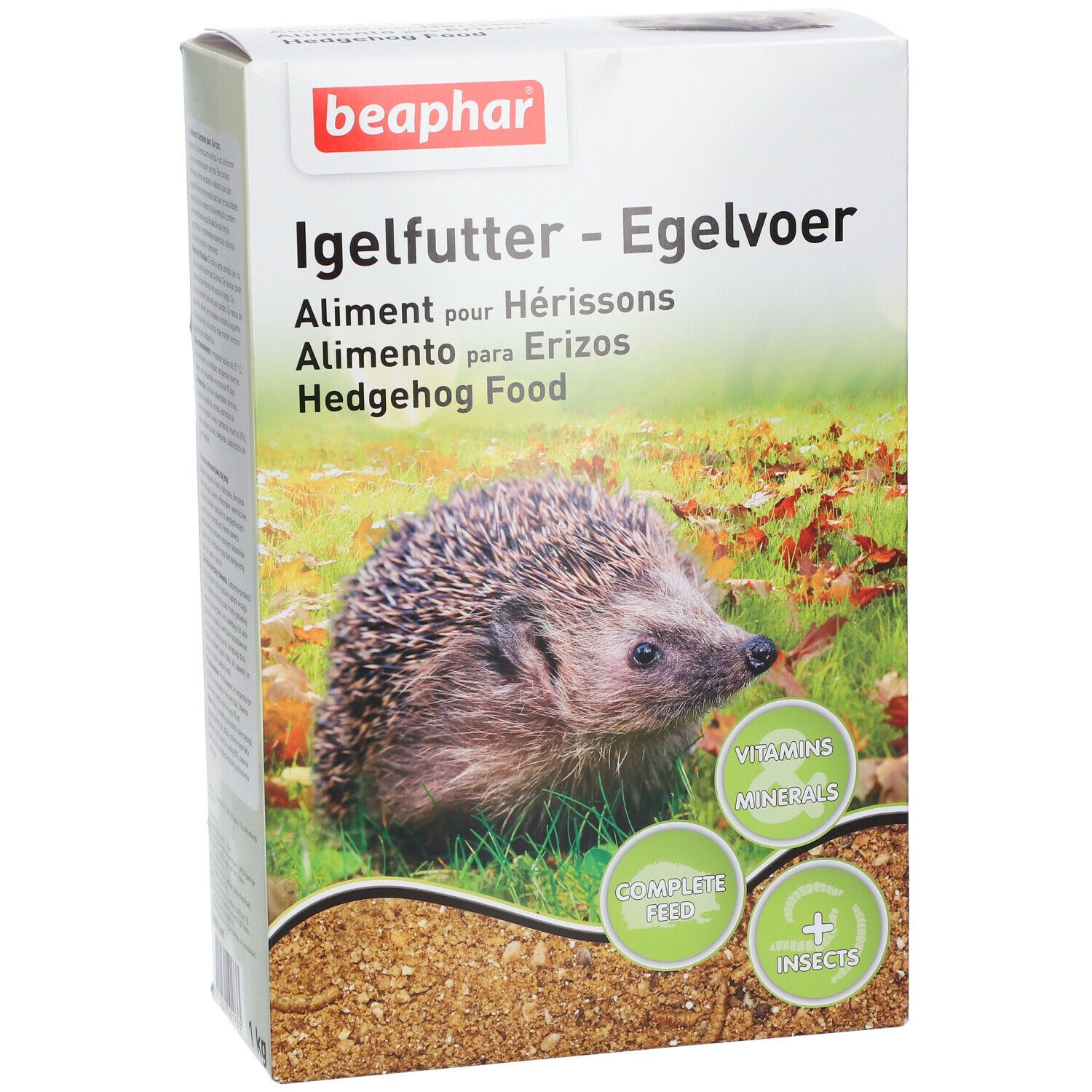 Beaphar Igelvoer doos. Afbeelding van een egel in het gras. Tekst: Vitaminen, mineralen, complete voeding, + insecten.