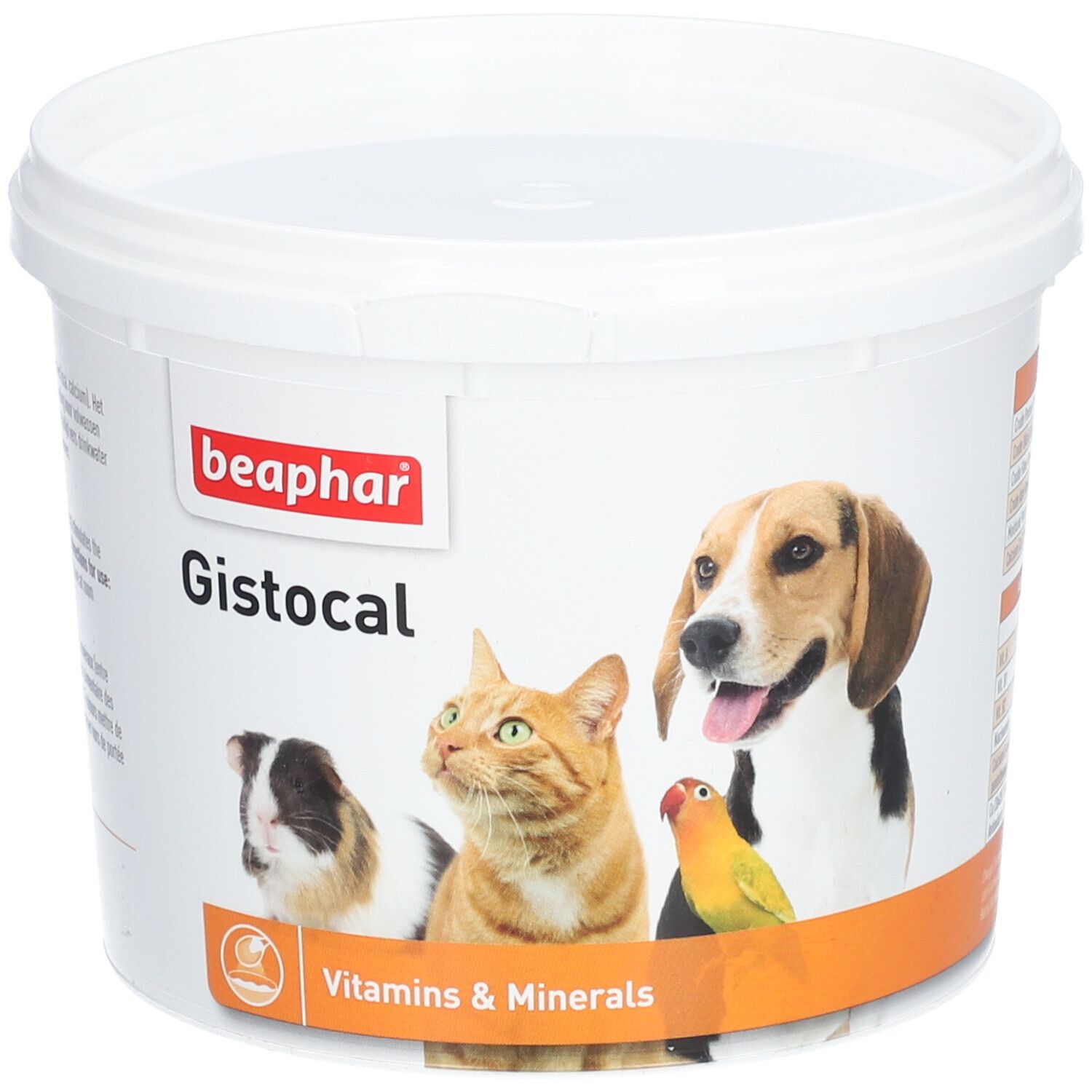 Seau blanc avec couvercle. Inscription : "beaphar Gistocal" et illustration d'animaux. Bande orange avec "Vitamins & Minerals".