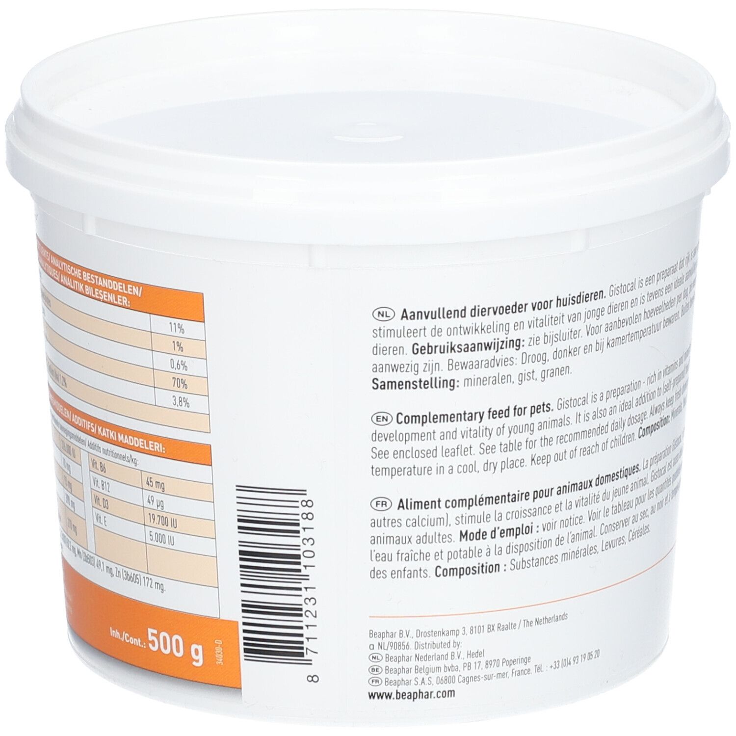 Dos d'un seau blanc avec couvercle. Texte et informations nutritionnelles. Inscription : "beaphar Gistocal". Bande orange avec texte.