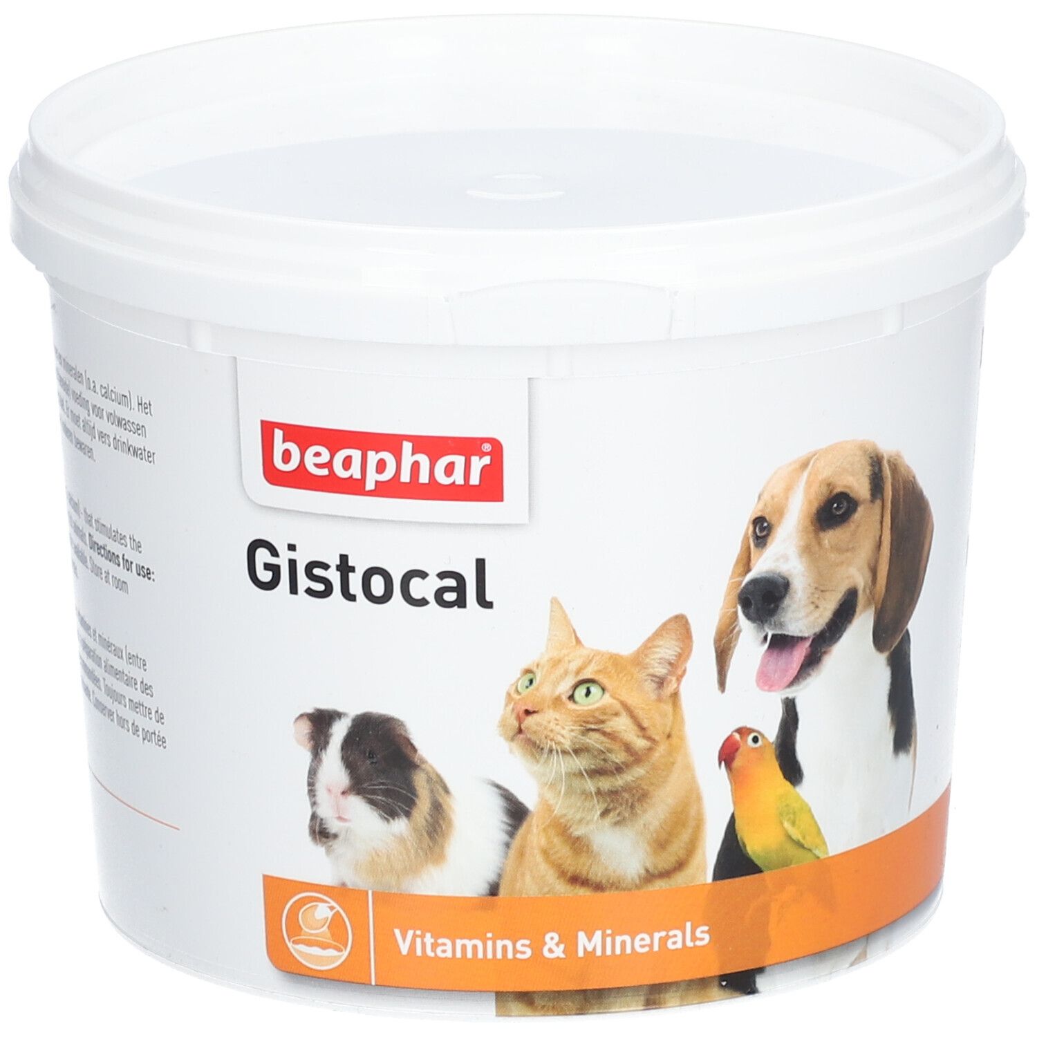 Seau blanc avec couvercle. Inscription : "beaphar Gistocal" et illustration d'animaux. Bande orange avec "Vitamins & Minerals".