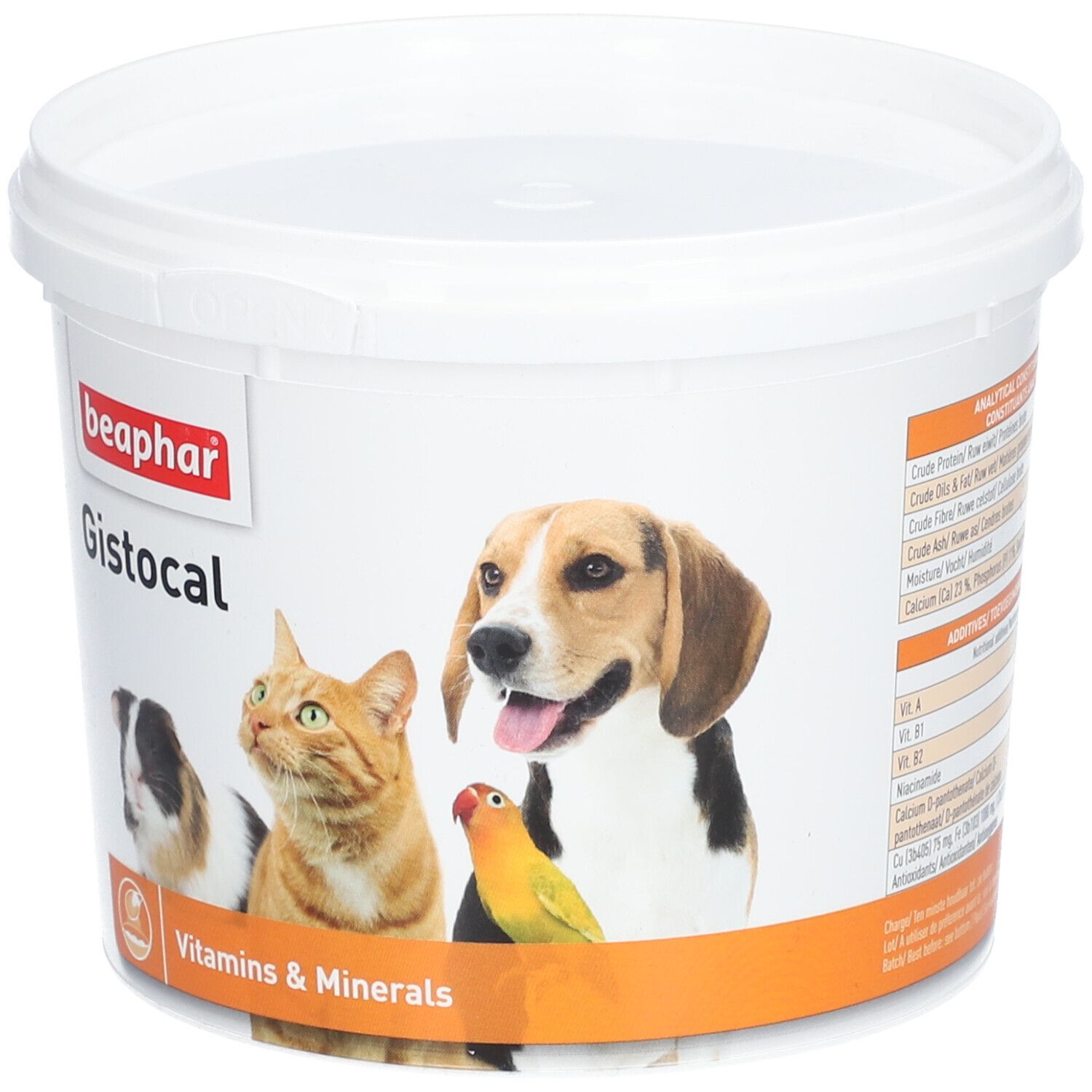 Seau blanc avec couvercle. Inscription : "beaphar Gistocal" et illustration d'animaux. Bande orange avec "Vitamins & Minerals".